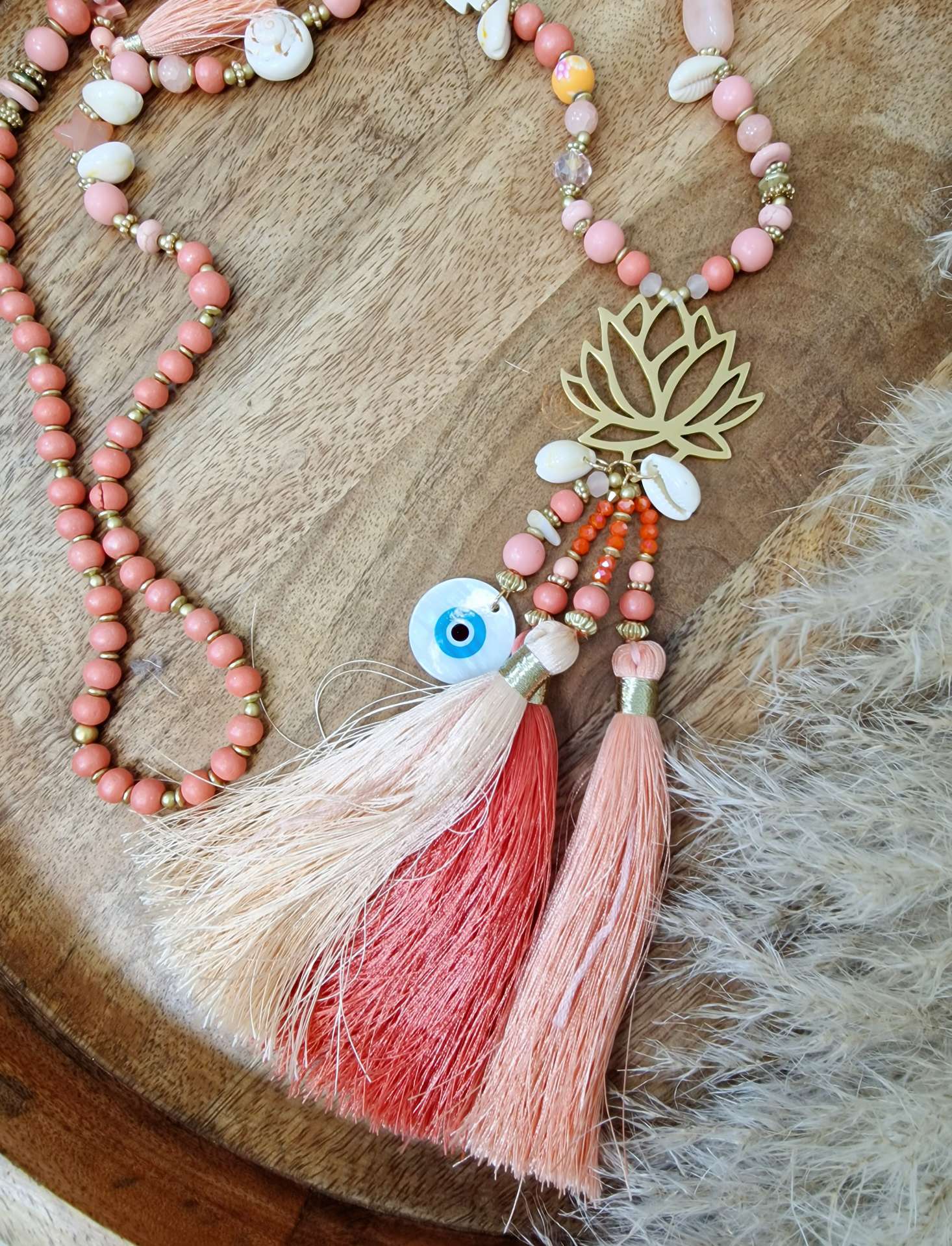LANGE PERLENKETTE LOTUS KORALLE Italy Design Goldfarbig Necklace Halskette Boho Bohemian