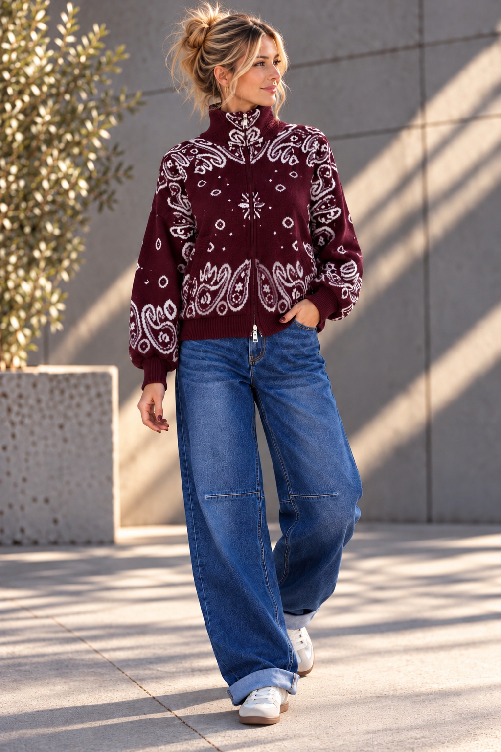 Zipper-Strickjacke mit Paisley-Muster SJ0165 I Made in Italy 34-40/42