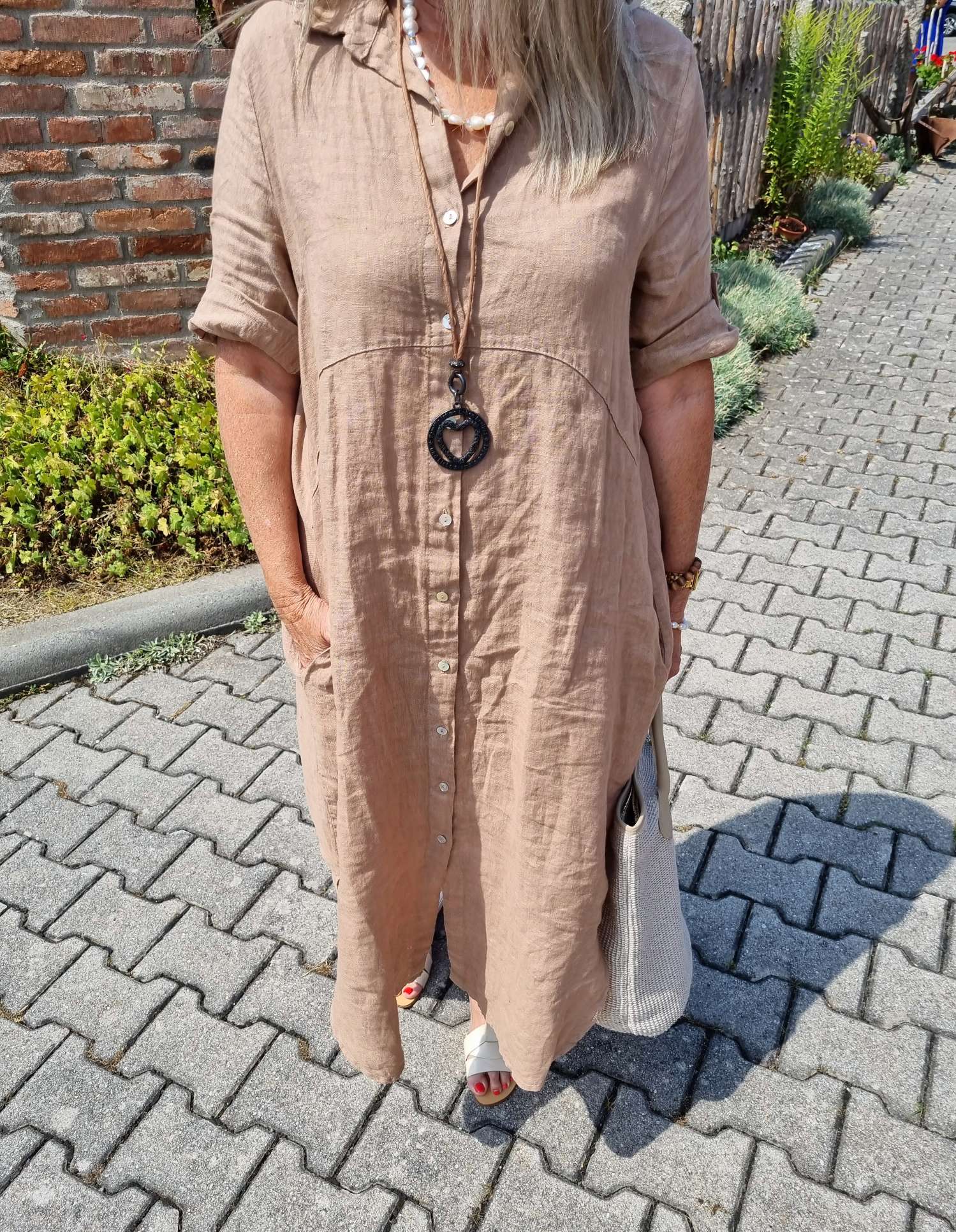 LINEN DESS WILMA CAMEL 34-42 Made in Italy Leinen Kleid Long Bluse Mantel LINEN DESS WILMA CAMEL 34-42 Made in Italy Leinen Kleid Long Bluse Mantel