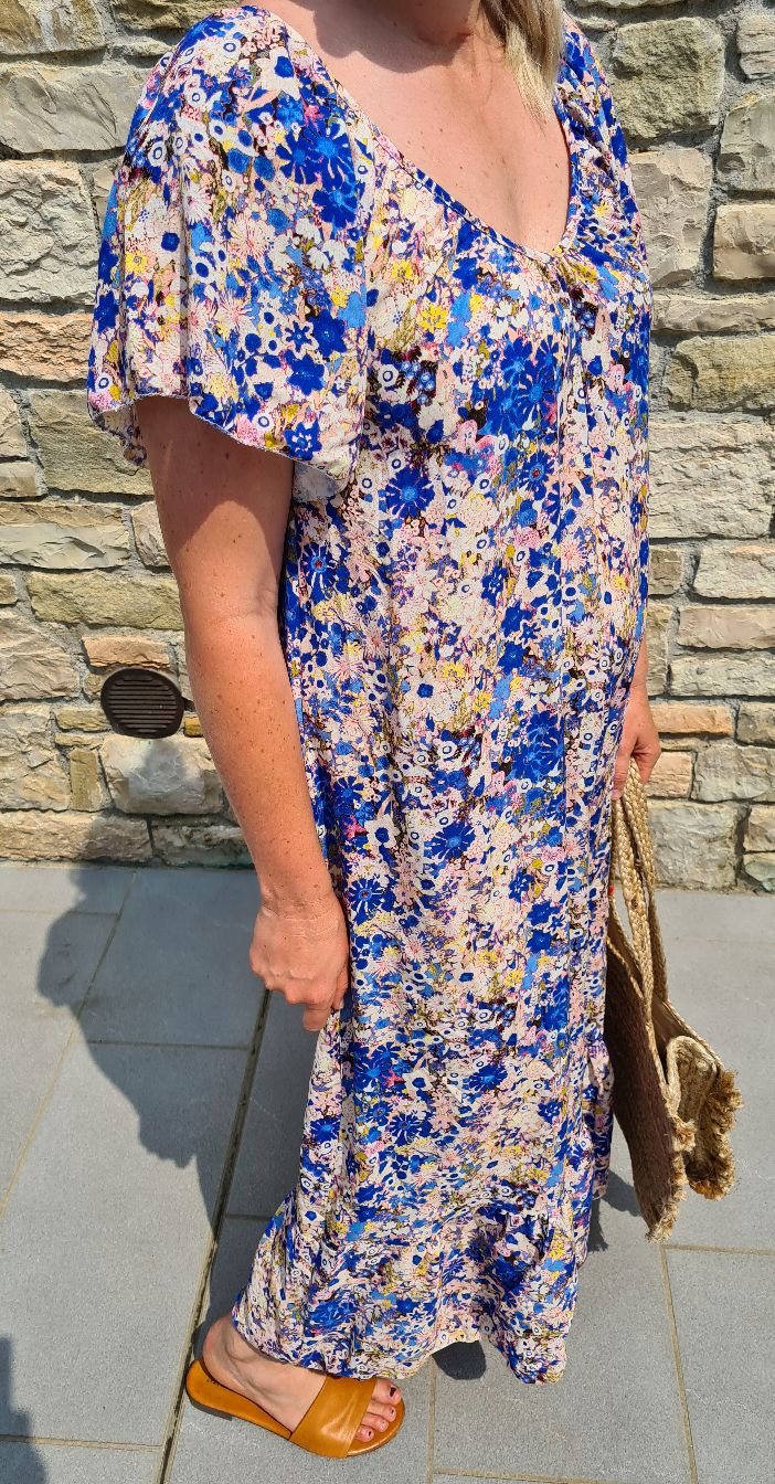 MAXI DRESS AURORA FLOWERS BLAU 34-42 Made in Italy langes Sommer Kleid Blumen MAXI DRESS AURORA FLOWERS BLAU 34-42 Made in Italy langes Sommer Kleid Blumen