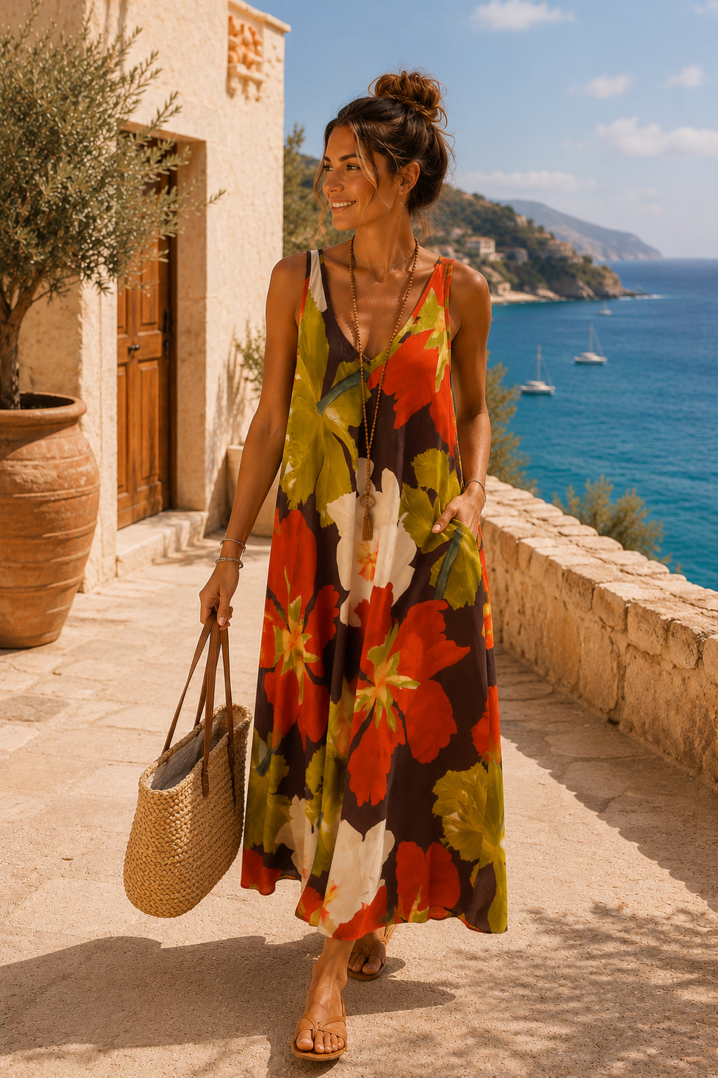 Maxikleid Bali – Made in Italy  Trendiges Leo-Kleid mit Taschen | Passend bis Größe 42/44