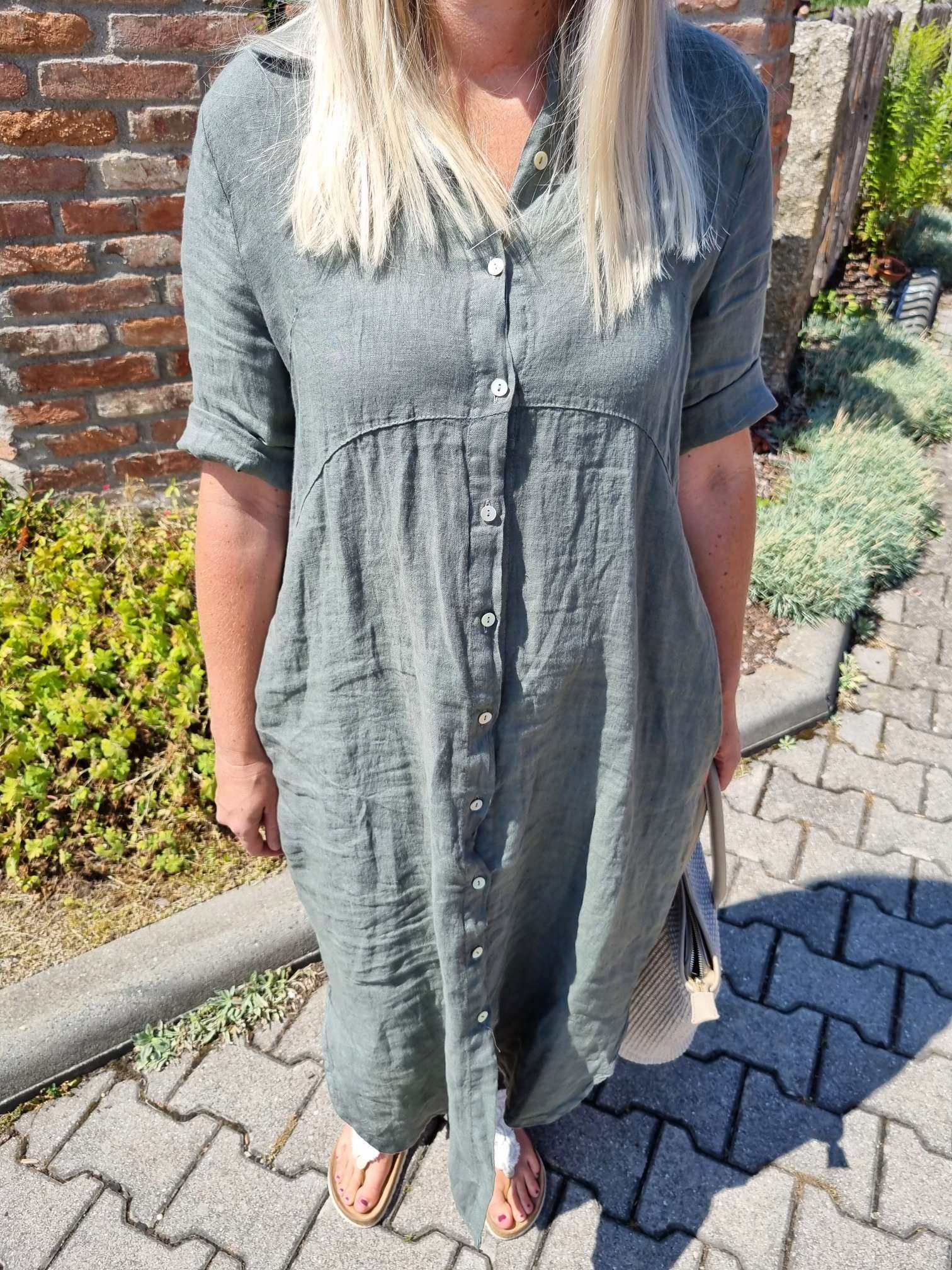 LINEN DESS WILMA KHAKI 34-42 Made in Italy Leinen Kleid Long Bluse Mantel LINEN DESS WILMA KHAKI 34-42 Made in Italy Leinen Kleid Long Bluse Mantel