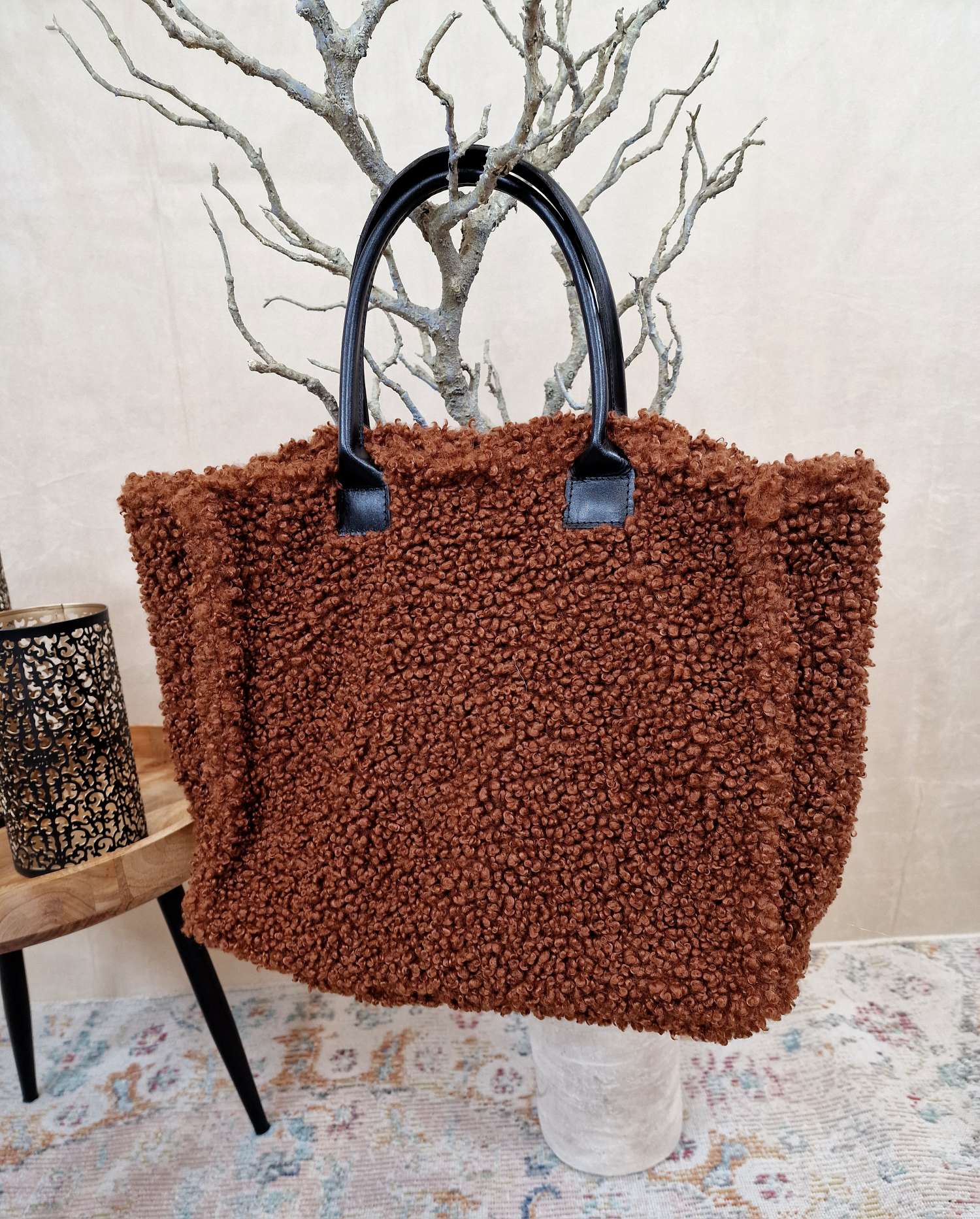 TEDDY FELL SHOPPER ELENI DUNKELBRAUN flauschige Shopping Bag mit Leder-Henkel Tasche Made in Italy TEDDY FELL SHOPPER ELENI DUNKELBRAUN flauschige Shopping Bag mit Leder-Henkel Tasche Made in Italy