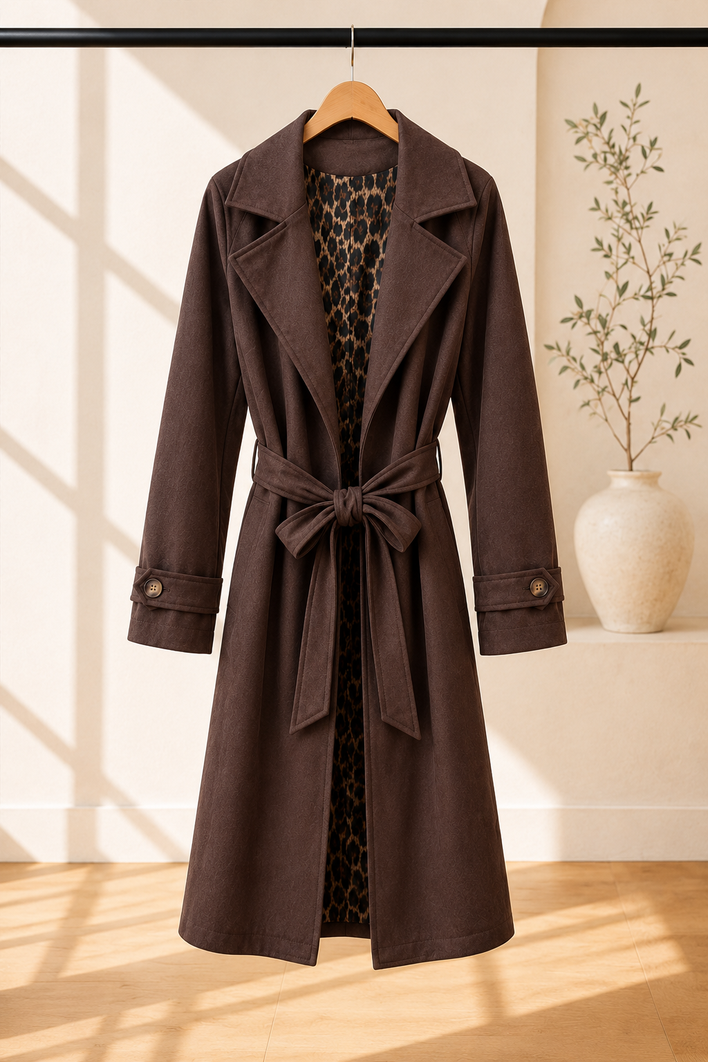 Tansania – Trenchcoat Mantel in Velourleder-Optik mit Leo-Futter | Made in Italy