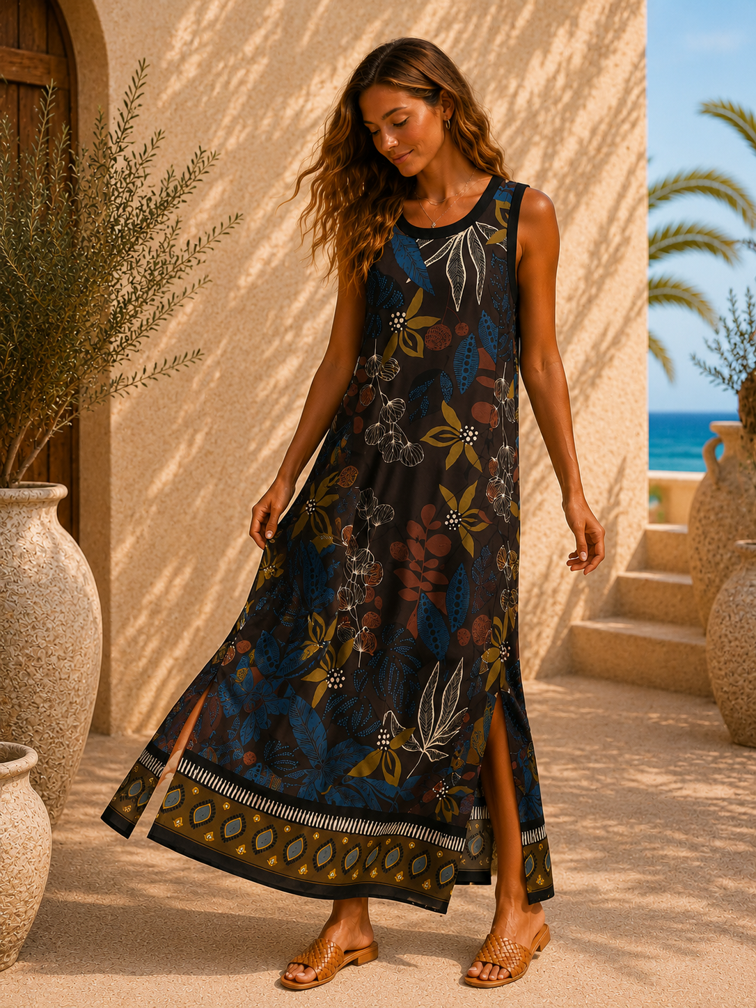 Satin-Kleid Kalila Blätterprint Made in Italy Viskose Qualtiät Gr. 34-40/42