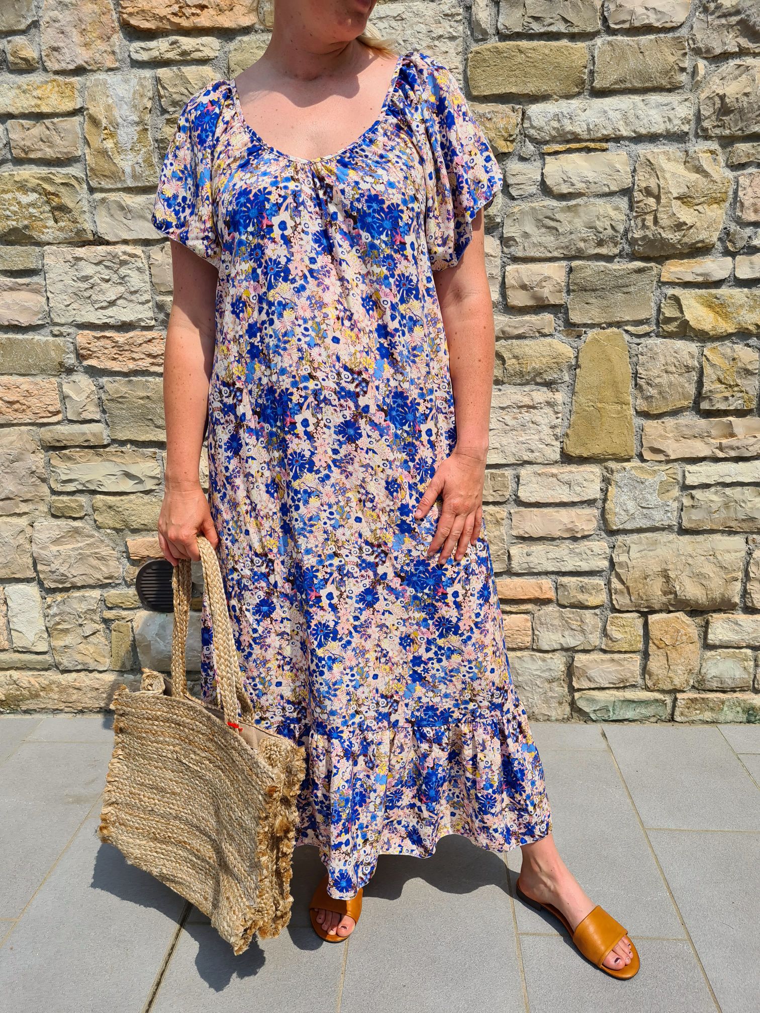MAXI DRESS AURORA FLOWERS BLAU 34-42 Made in Italy langes Sommer Kleid Blumen MAXI DRESS AURORA FLOWERS BLAU 34-42 Made in Italy langes Sommer Kleid Blumen