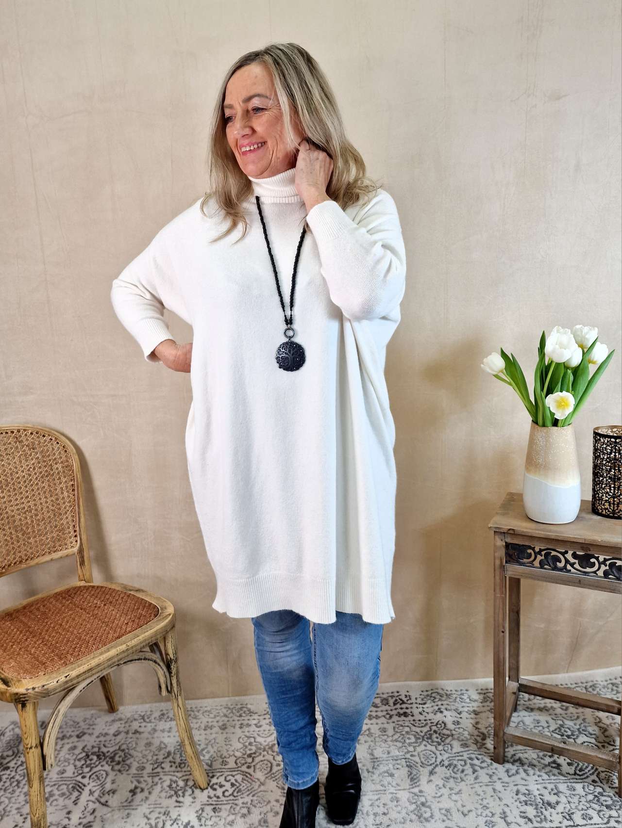 LIGHT KNIT DRESS EMILIA CREME 34-42 Made in Italy Strick Kleid Long Pullover LIGHT KNIT DRESS EMILIA CREME 34-42 Made in Italy Strick Kleid Long Pullover