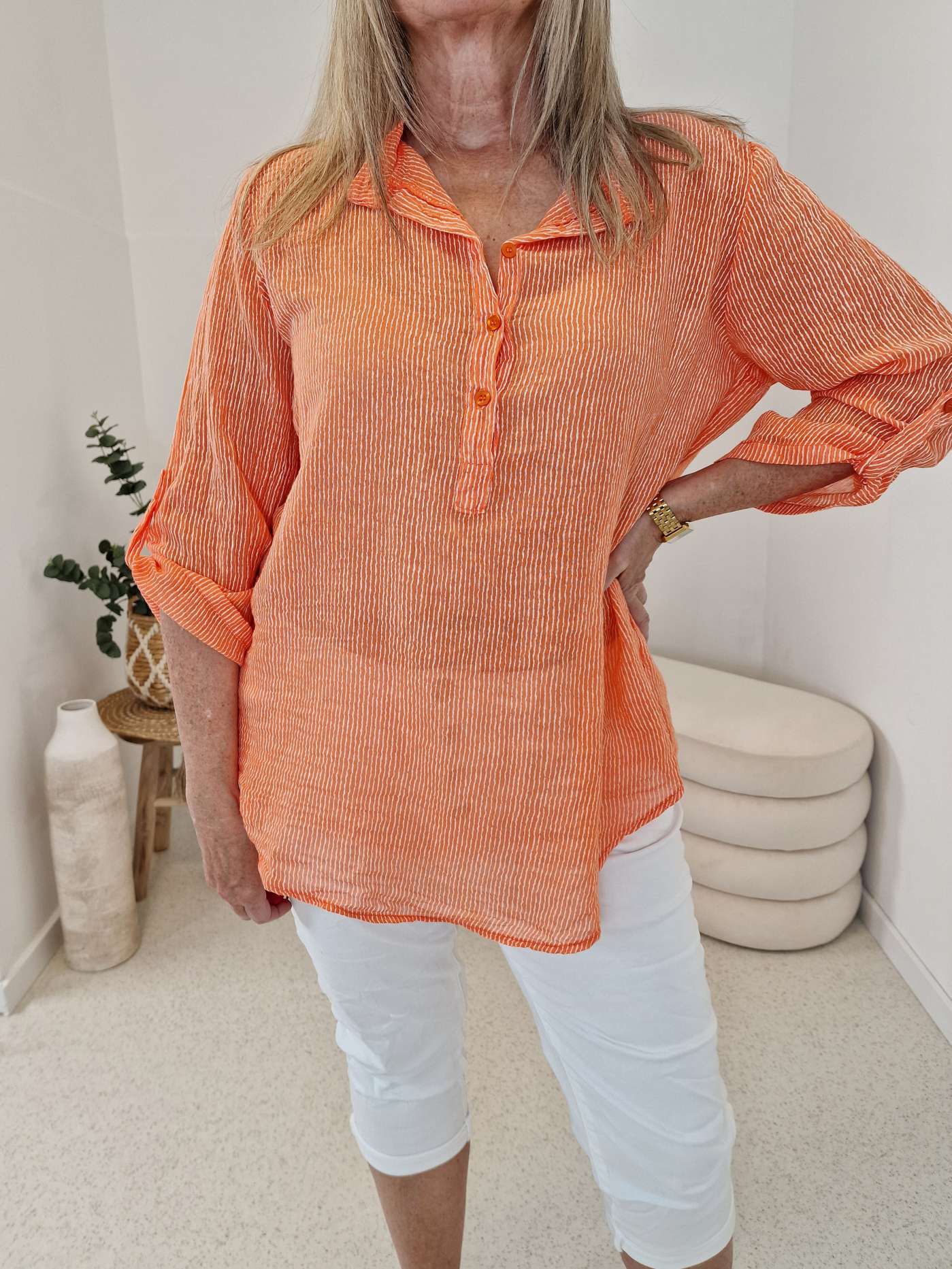 ZARTE STREIFEN BLUSE BELINDE ORANGE 34-42 langarm Bluse Shirt ZARTE STREIFEN BLUSE BELINDE ORANGE 34-42 langarm Bluse Shirt