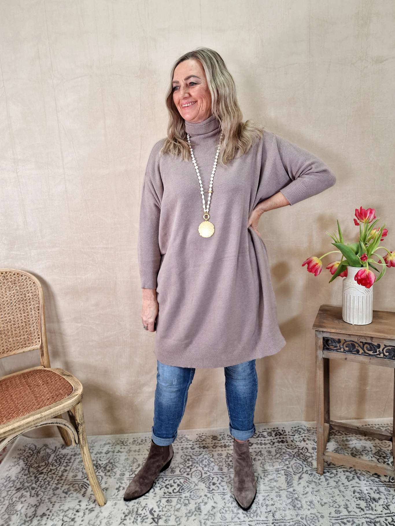 LIGHT KNIT DRESS EMILIA TAUPE 34-42 Made in Italy Strick Kleid Long Pullover
