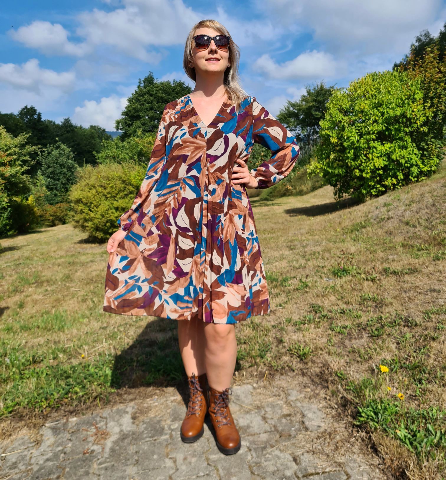 PLISSEE DRESS GINA LEAVES PETROL 36-42 Made in Italy Plissee Herbst Kleid PLISSEE DRESS GINA LEAVES PETROL 36-42 Made in Italy Plissee Herbst Kleid