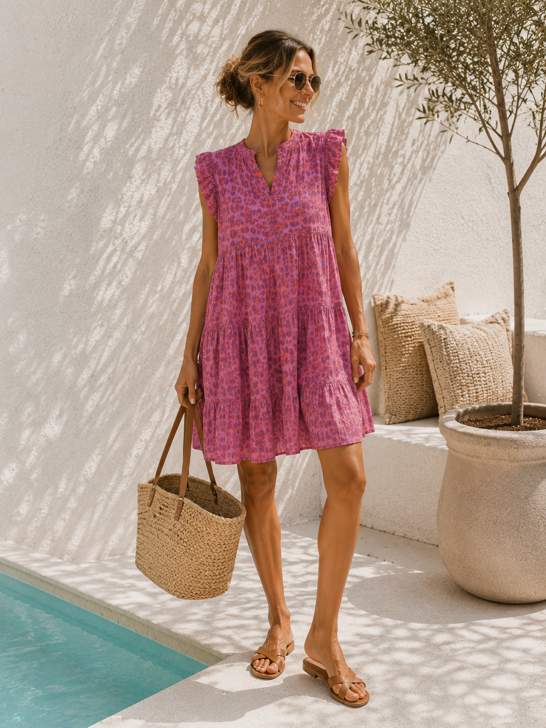 MUSSELIN KLEID TAMI FLIEDER Neon Orange Leo kurz Rüschen 34 - 42 Summer Dress