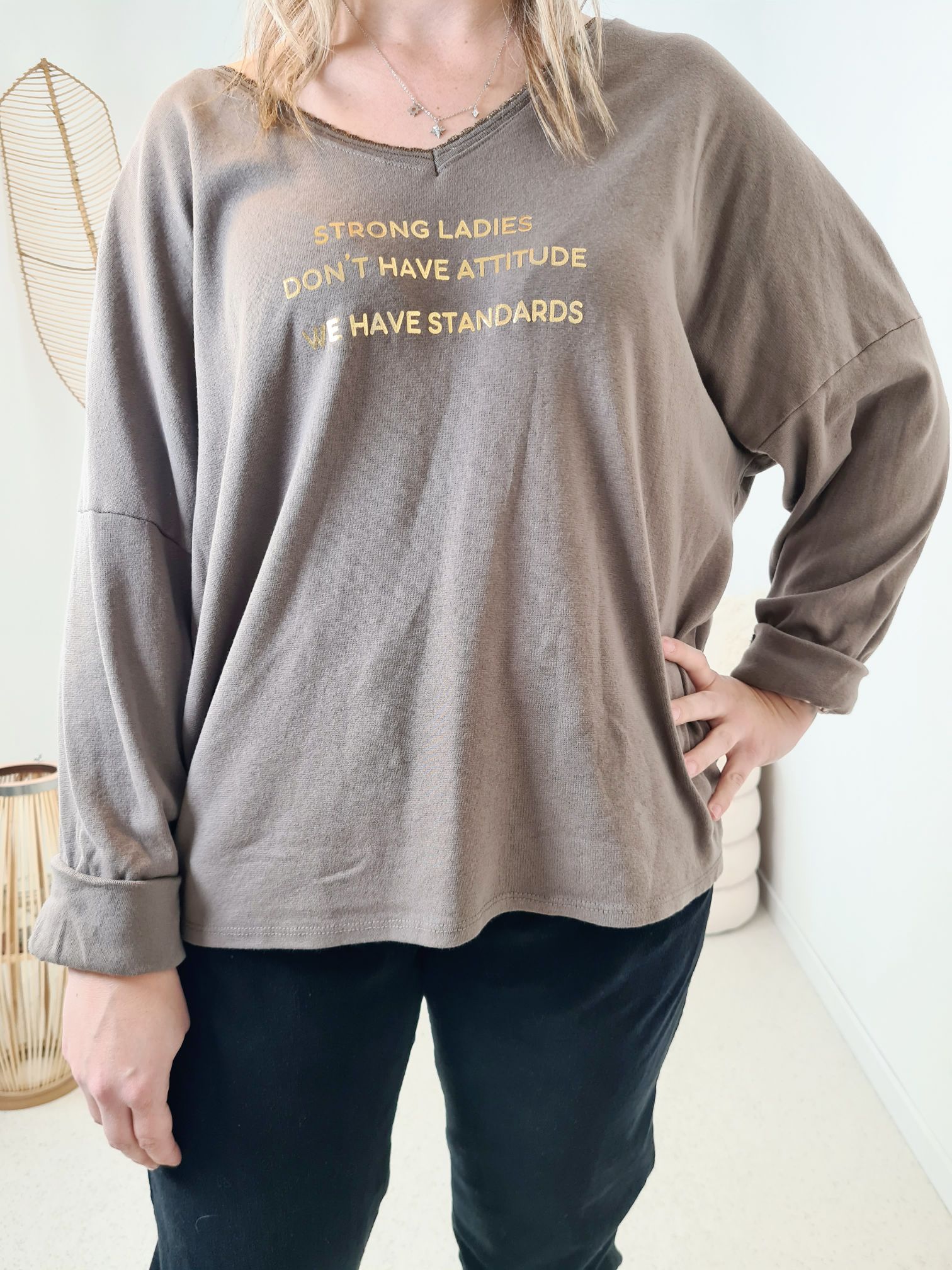 LONGSLEEVE SHIRT STRONG LADIES TAUPE 34-42/44 Made in Italy Langarm Pullover Oversize