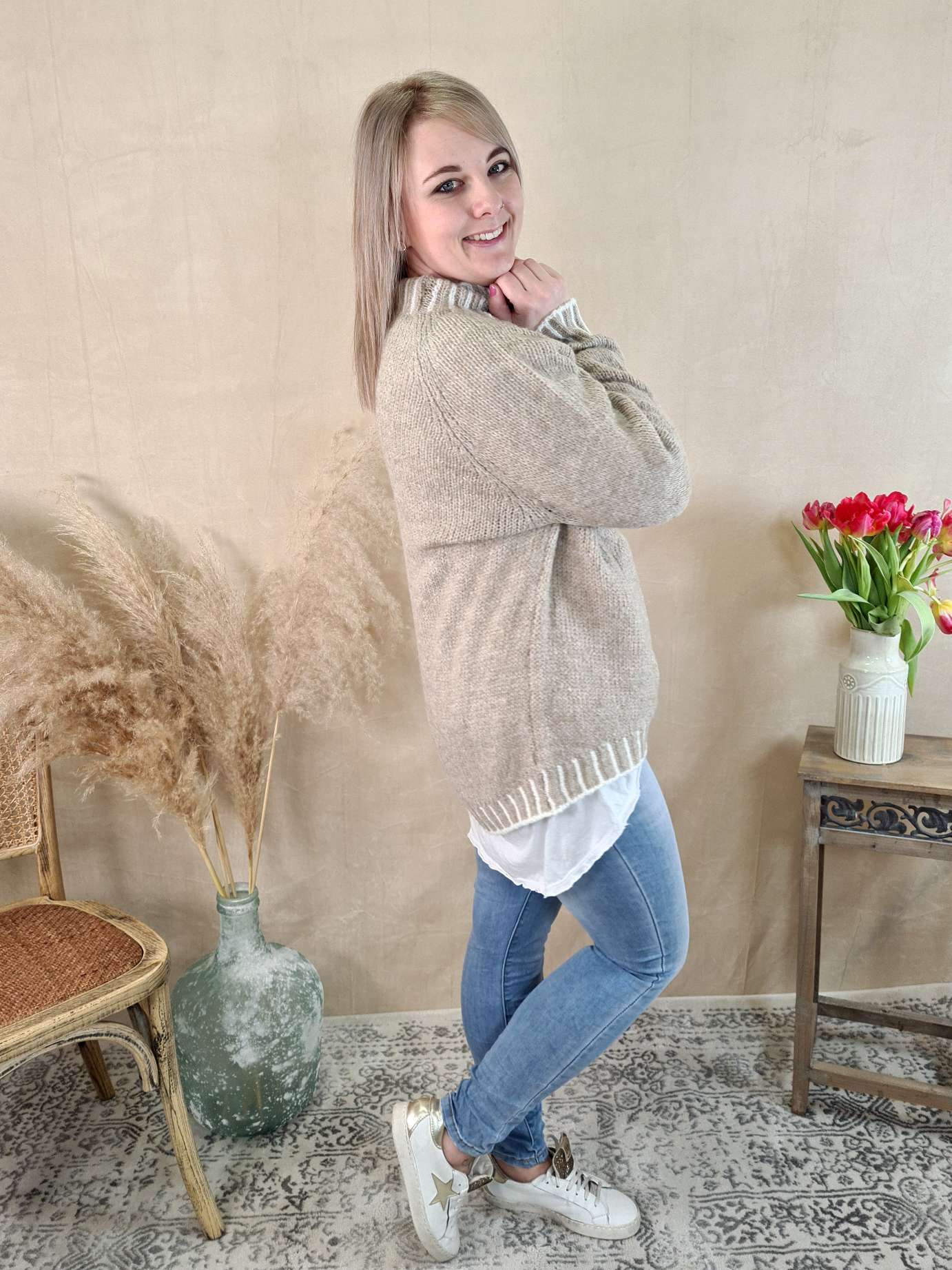 KNIT SWEATER ULRIKE TAUPE Made in Italy 34-42 Strick Pullover KNIT SWEATER ULRIKE TAUPE Made in Italy 34-42 Strick Pullover