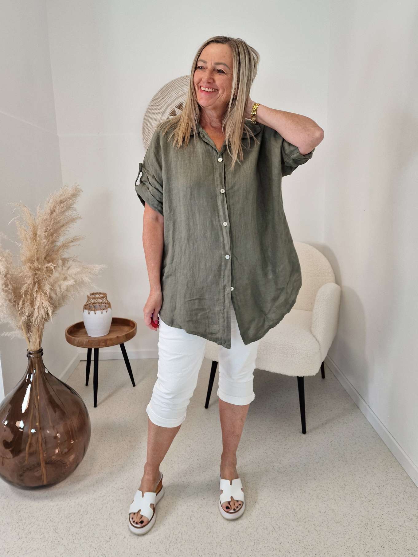 LEINEN BLUSE LUCCA KHAKI 34-42 Made in Italy LINEN Tunika Hemd