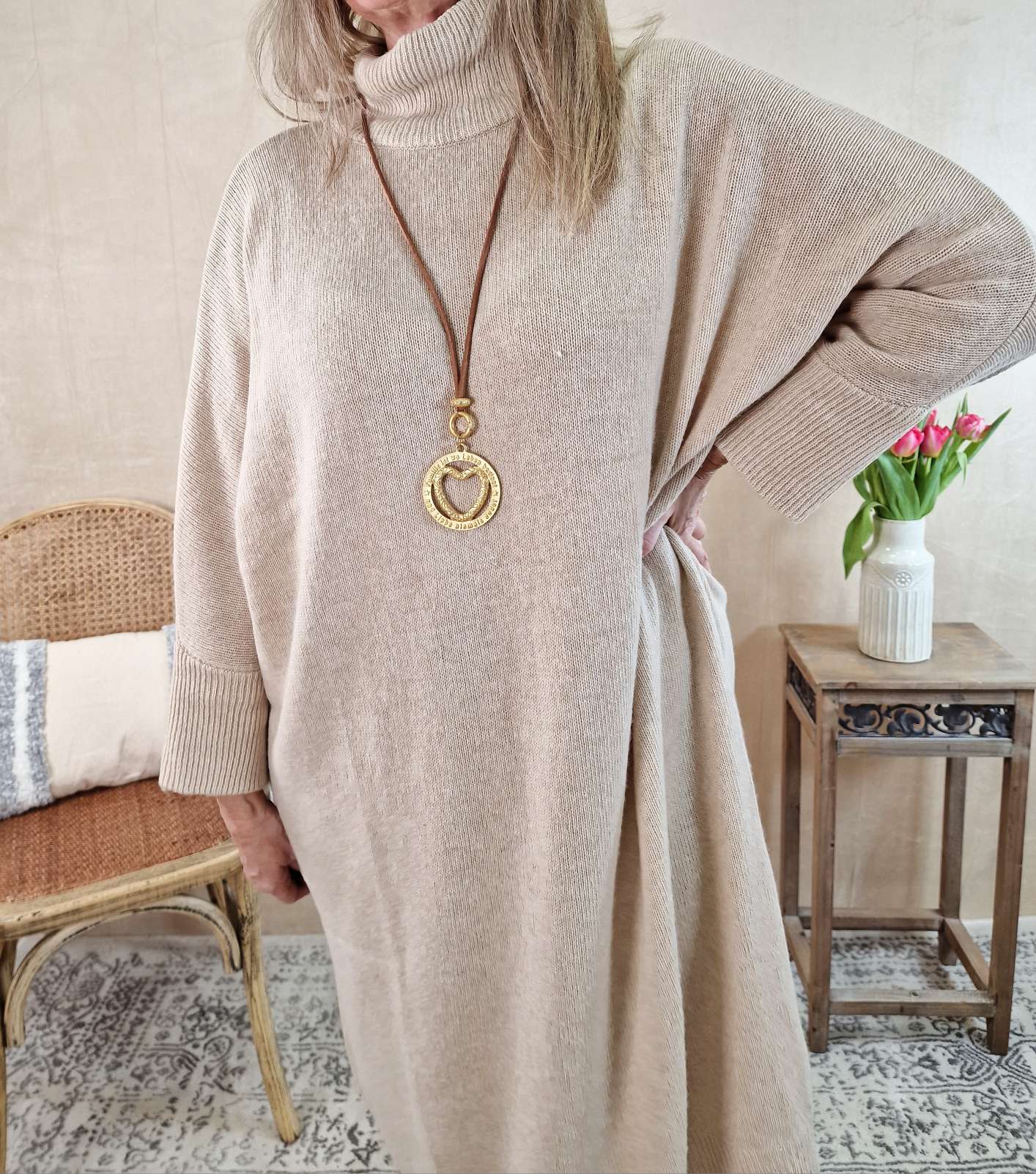 CASHMERE DRESS STELLA BEIGE 34-44 Made in Italy Strick Kleid Long Pullover CASHMERE DRESS STELLA BEIGE 34-44 Made in Italy Strick Kleid Long Pullover