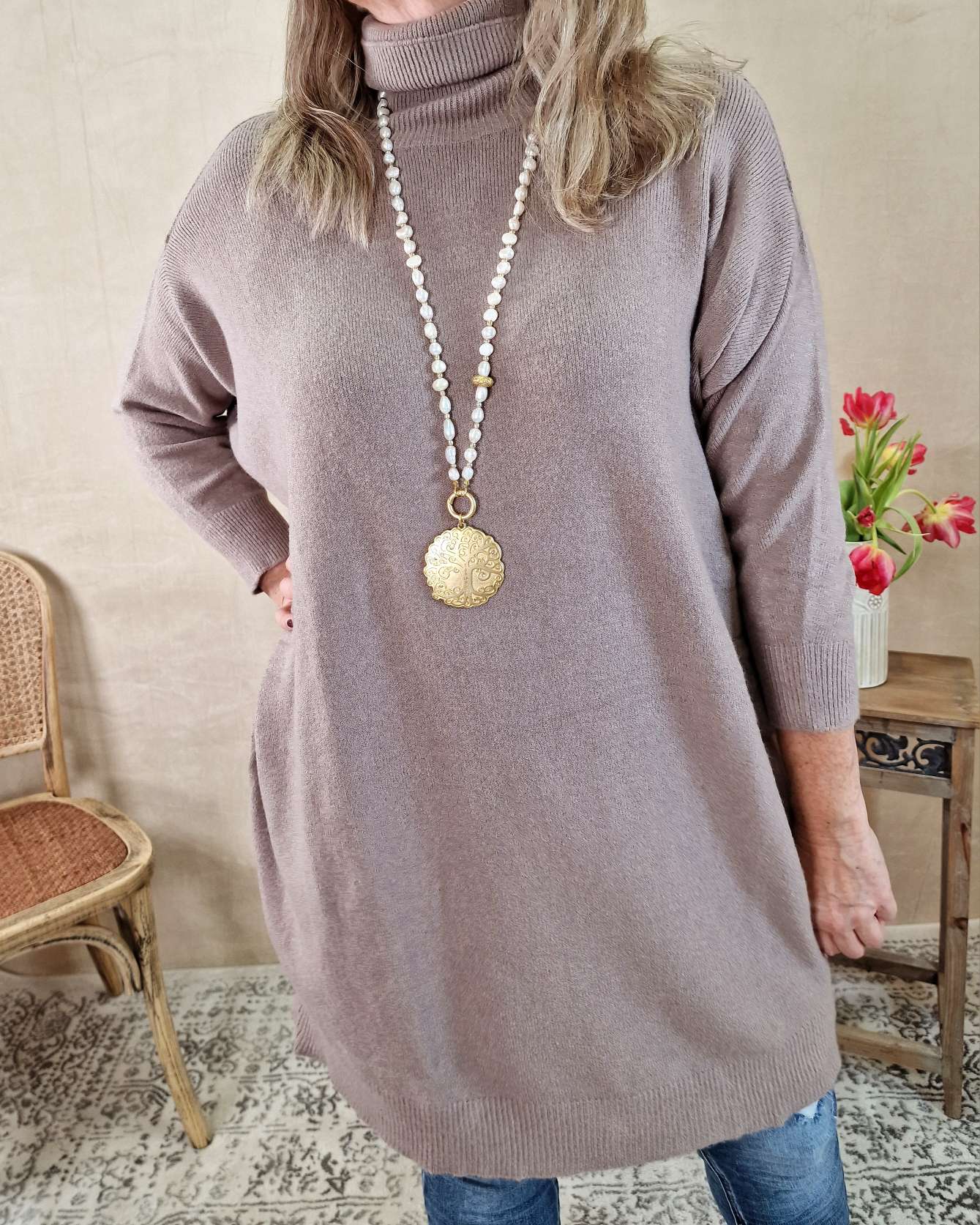 LIGHT KNIT DRESS EMILIA TAUPE 34-42 Made in Italy Strick Kleid Long Pullover LIGHT KNIT DRESS EMILIA TAUPE 34-42 Made in Italy Strick Kleid Long Pullover