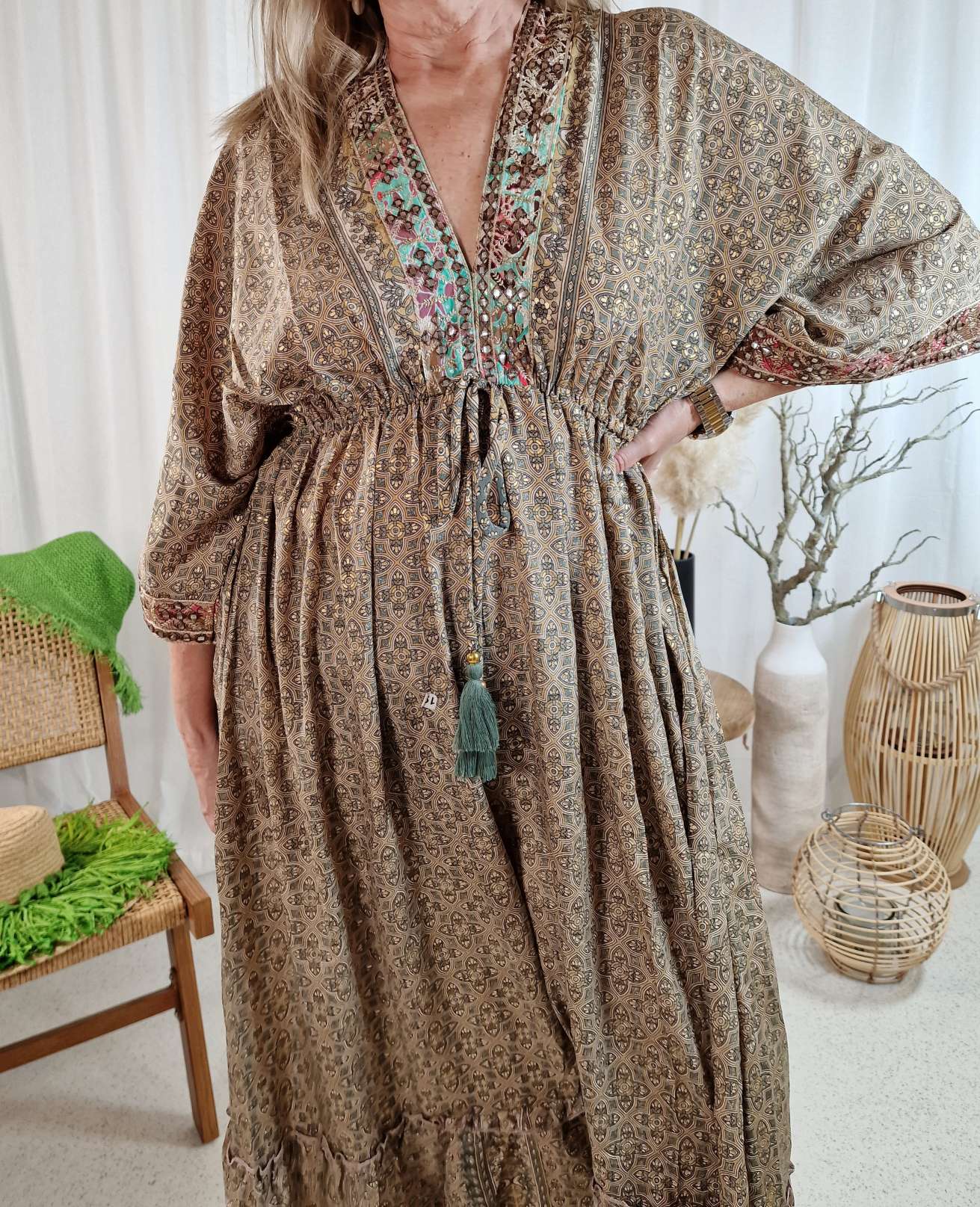 SILK DRESS MALEDIVE ALICE BEIGE 34-40/42 Boho Boheimian Seide Kleid Maxi Beach Sommer