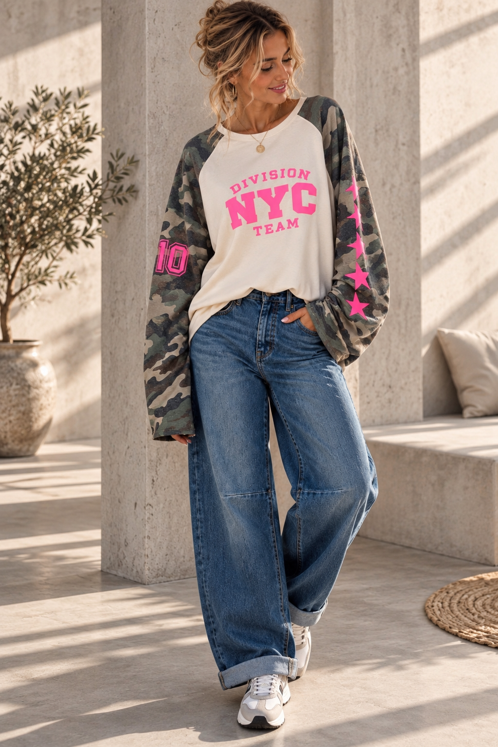 SW0115 – Statement-Shirt mit Camouflage & Neon-Details Gr. 34-42/44