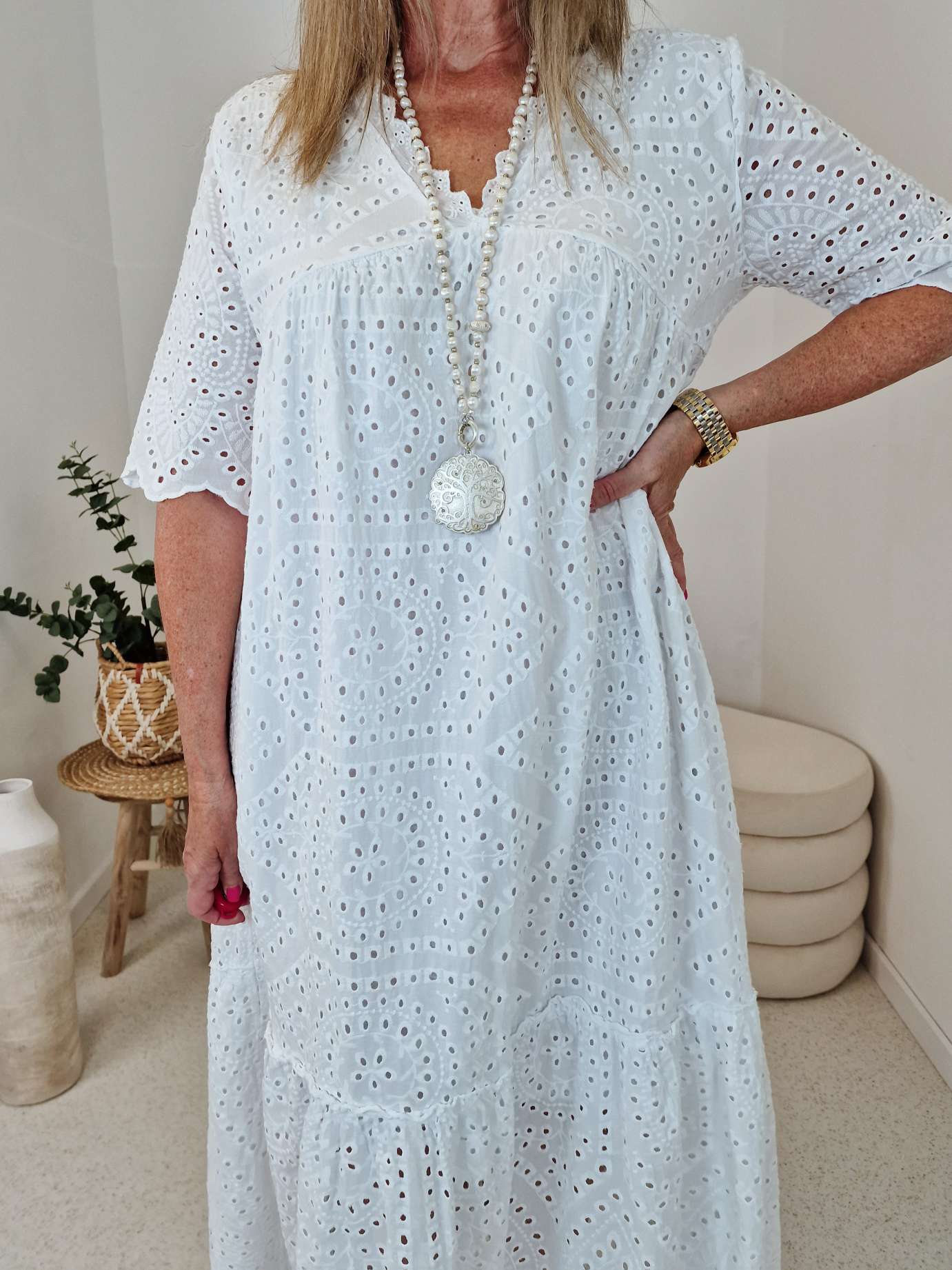 MAXI DRESS BIRGIT LOCHSTICKEREI WEISS 34-42 Made in Italy langes Kleid Sommerkleid Baumwolle MAXI DRESS BIRGIT LOCHSTICKEREI WEISS 34-42 Made in Italy langes Kleid Sommerkleid Baumwolle