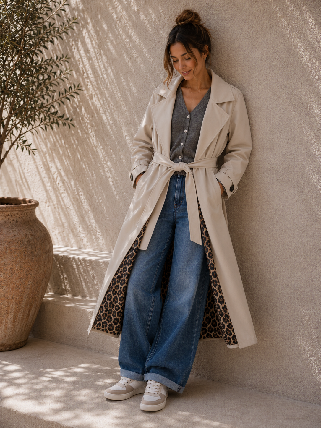 Tansania – Trenchcoat Mantel in Velourleder-Optik mit Leo-Futter | Made in Italy