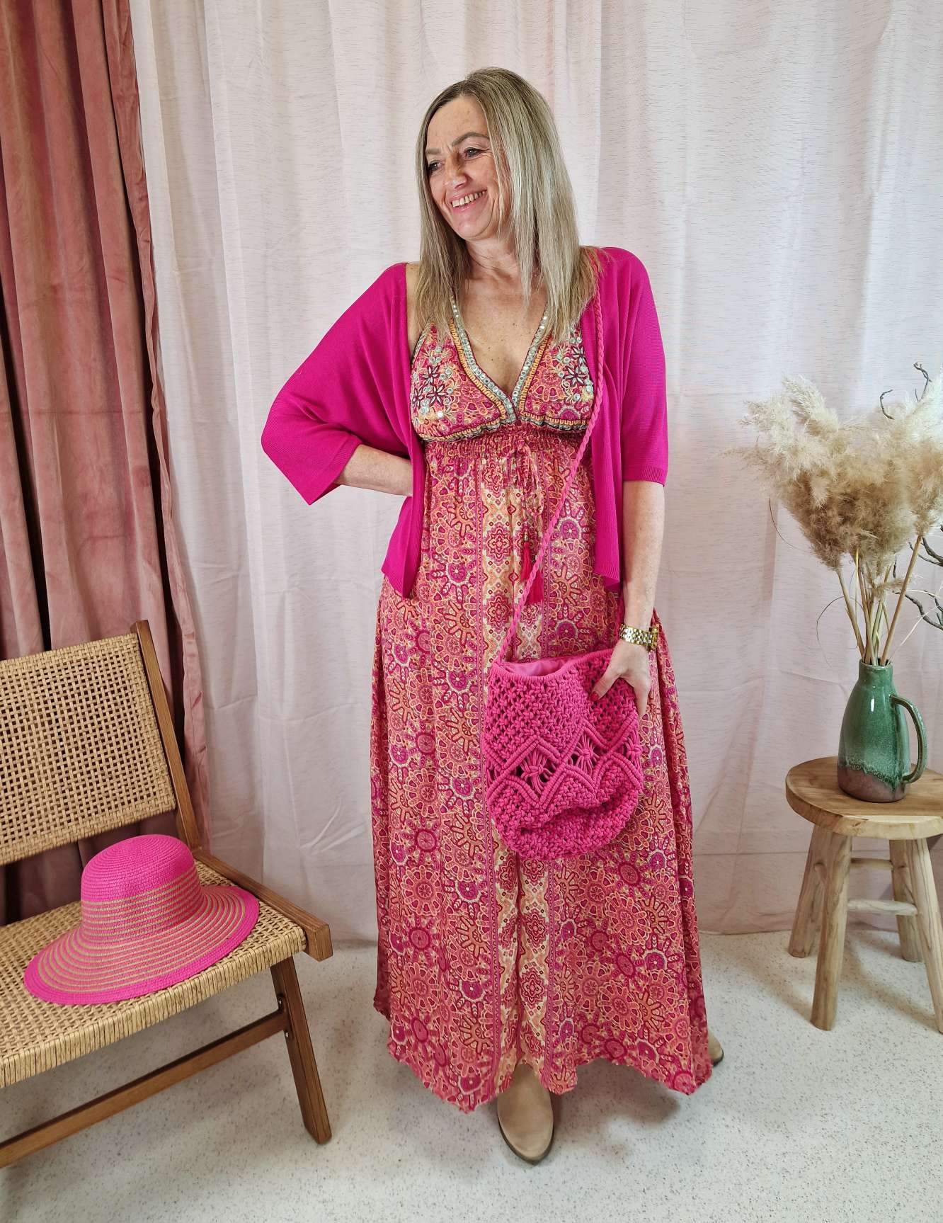 LIGHT KNIT STRICKJACKE BRIGHT PINK  34-42 Made in Italy