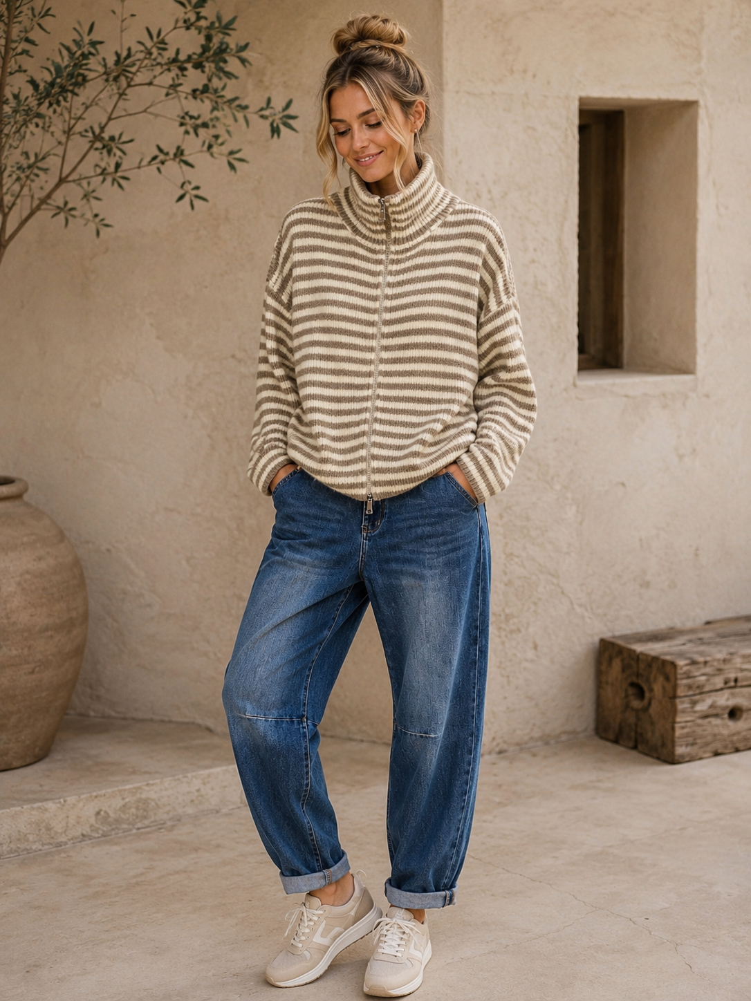 Strickjacke Celia – Streifenlook mit 2-Wege-Reißverschluss Made in Italy 34-40/42 Cardigan