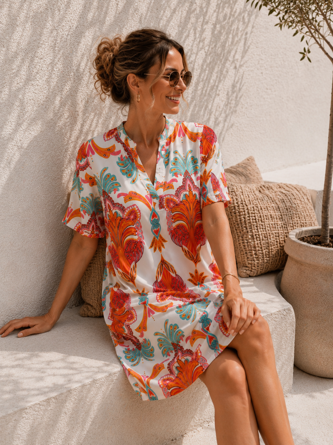 Exclusives Kleid „Capriella“ hochwertiges ornamentalisches Sommermuster Premiumqualität