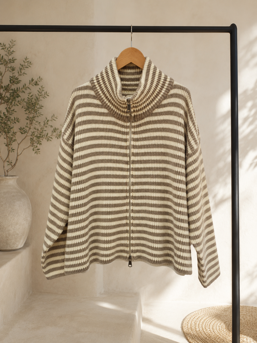 Strickjacke Celia – Streifenlook mit 2-Wege-Reißverschluss Made in Italy 34-40/42 Cardigan