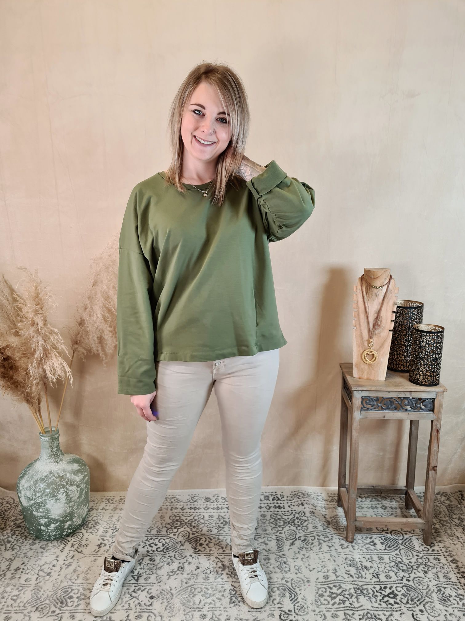 BASIC SHIRT HEIDI KHAKI 34-42 Made in Italy Langarm Shirt Sweatshirt Longsleeve