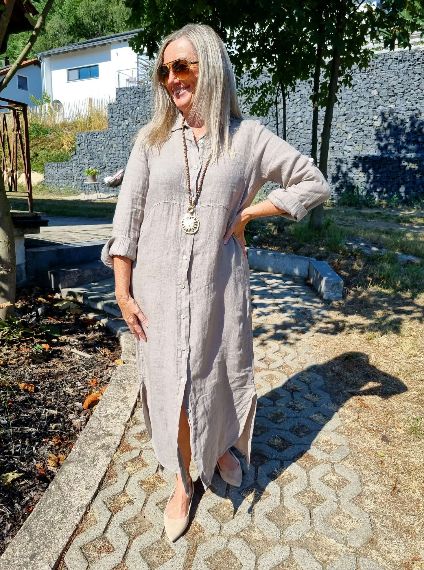 LINEN DESS WANDA 2 SCHLAMM 34-40 Made in Italy Leinen Kleid Long Bluse Mantel LINEN DESS WANDA 2 SCHLAMM 34-40 Made in Italy Leinen Kleid Long Bluse Mantel