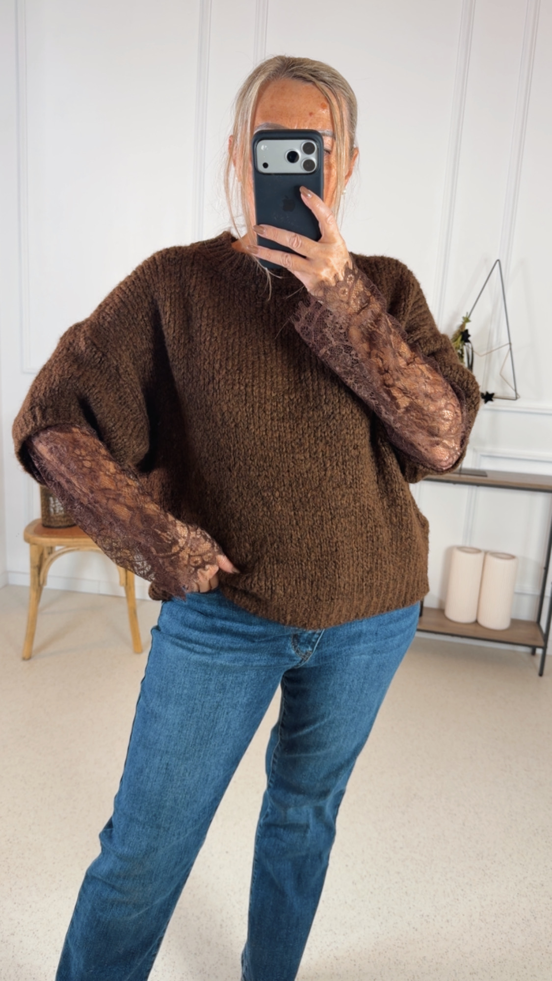 BASIC KNIT PULLOVER KIARA mit Spitze 34 - 44 Made in Italy Strickpullover