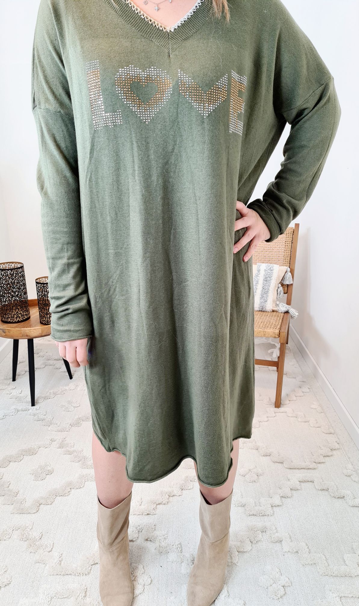 SWEATKLEID ZOEY LOVE KHAKI 34-42 Made in Italy Langarm Strickkleid Oversize SWEATKLEID ZOEY LOVE KHAKI 34-42 Made in Italy Langarm Strickkleid Oversize