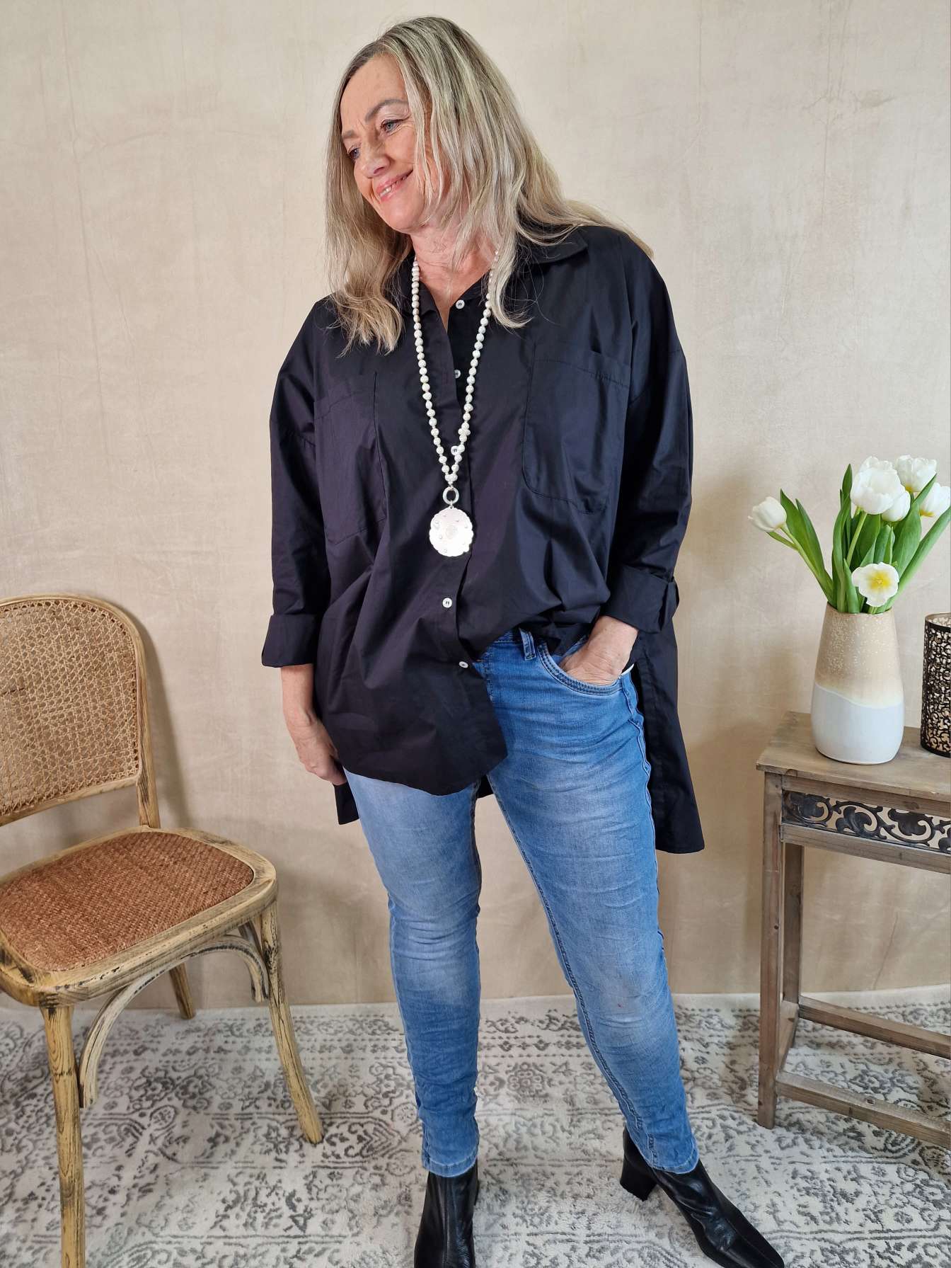 OVERSIZE BLUSE KARINA SCHWARZ 34-42/44 Made in Italy Longbluse Kleid Damen OVERSIZE BLUSE KARINA SCHWARZ 34-42/44 Made in Italy Longbluse Kleid Damen