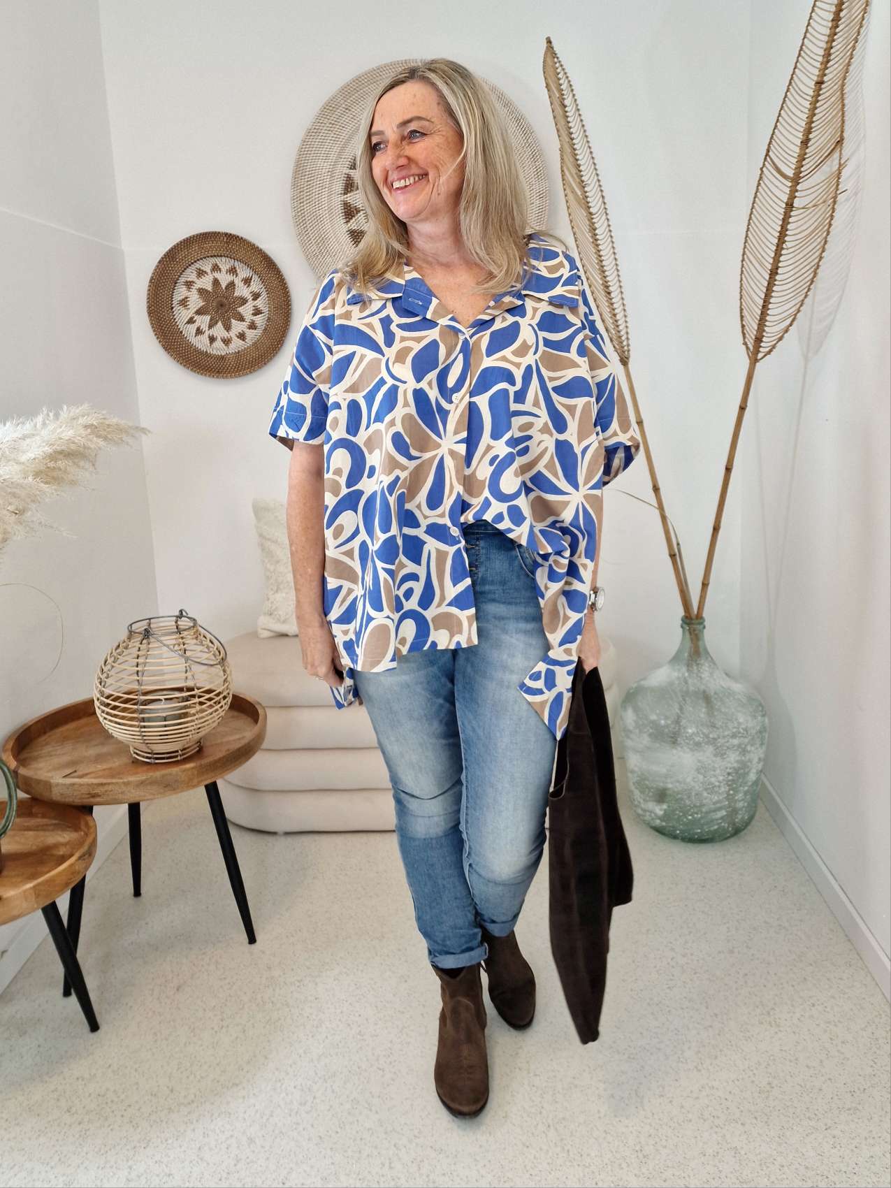 OVERSIZE BLUSE GRANADA BLAU 36 - 44 Made in Italy Hemd Shirt Baumwolle