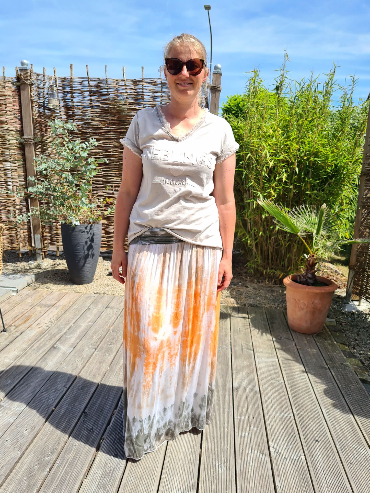 MAXI BATIK SKIRT ANNI ORANGE BEIGE GRAU 34-42 Made in Italy langer Rock Damenrock MAXI BATIK SKIRT ANNI ORANGE BEIGE GRAU 34-42 Made in Italy langer Rock Damenrock