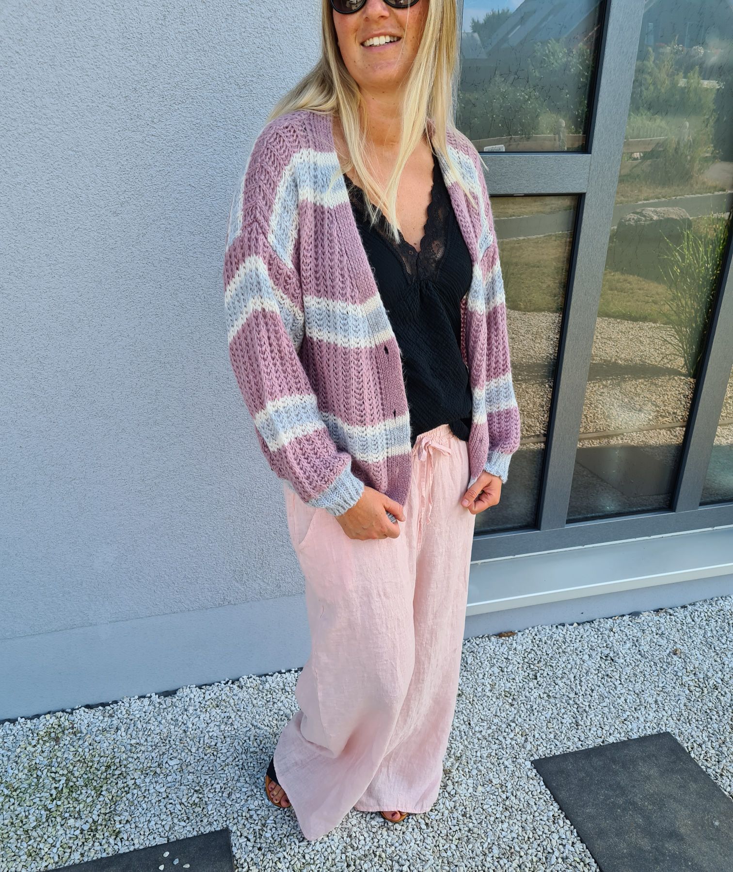SHORT KNIT CARDIGAN MYKONOS STRIPES BUTTONS ROSA GRAU kurze Strick Jacke Made in Italy Knöpfe Streifen 34-42 SHORT KNIT CARDIGAN MYKONOS STRIPES BUTTONS ROSA GRAU kurze Strick Jacke Made in Italy Knöpfe Streifen 34-42