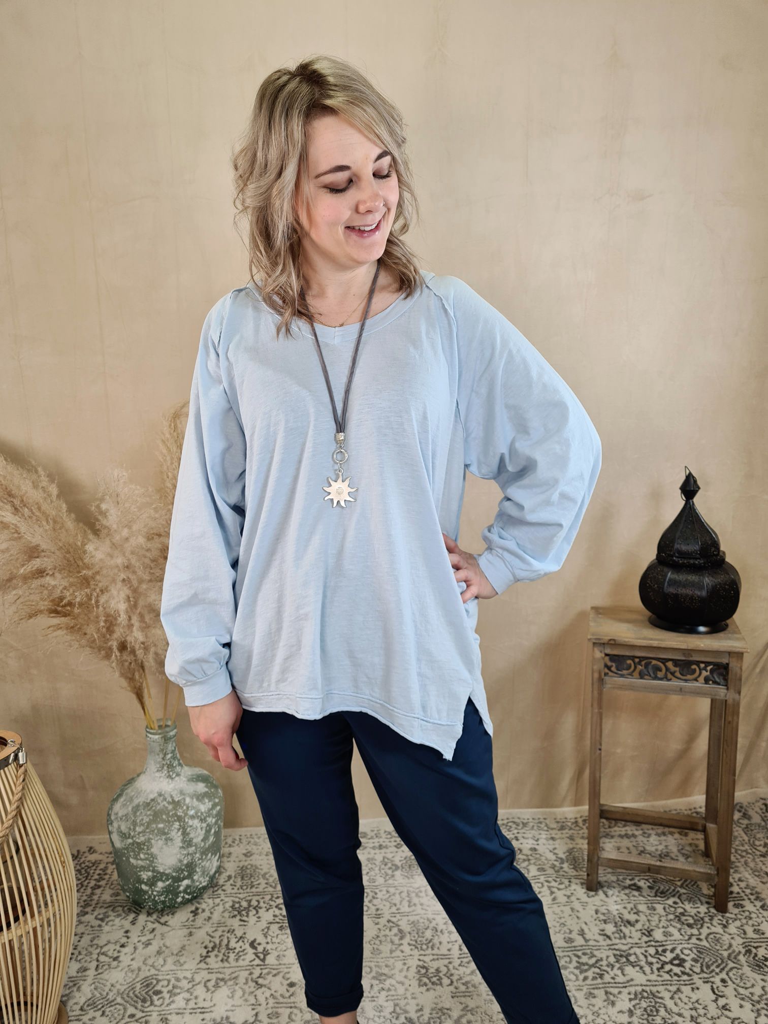 BASIC LONGSLEEVE SHIRT VERONIKA HELLBLAU 34-42 Made in Italy Langarm Pullover Vokuhila