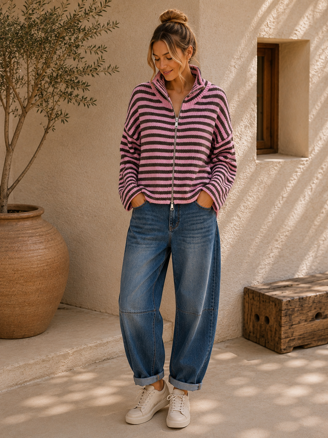 Strickjacke Celia – Streifenlook mit 2-Wege-Reißverschluss Made in Italy 34-40/42 Cardigan