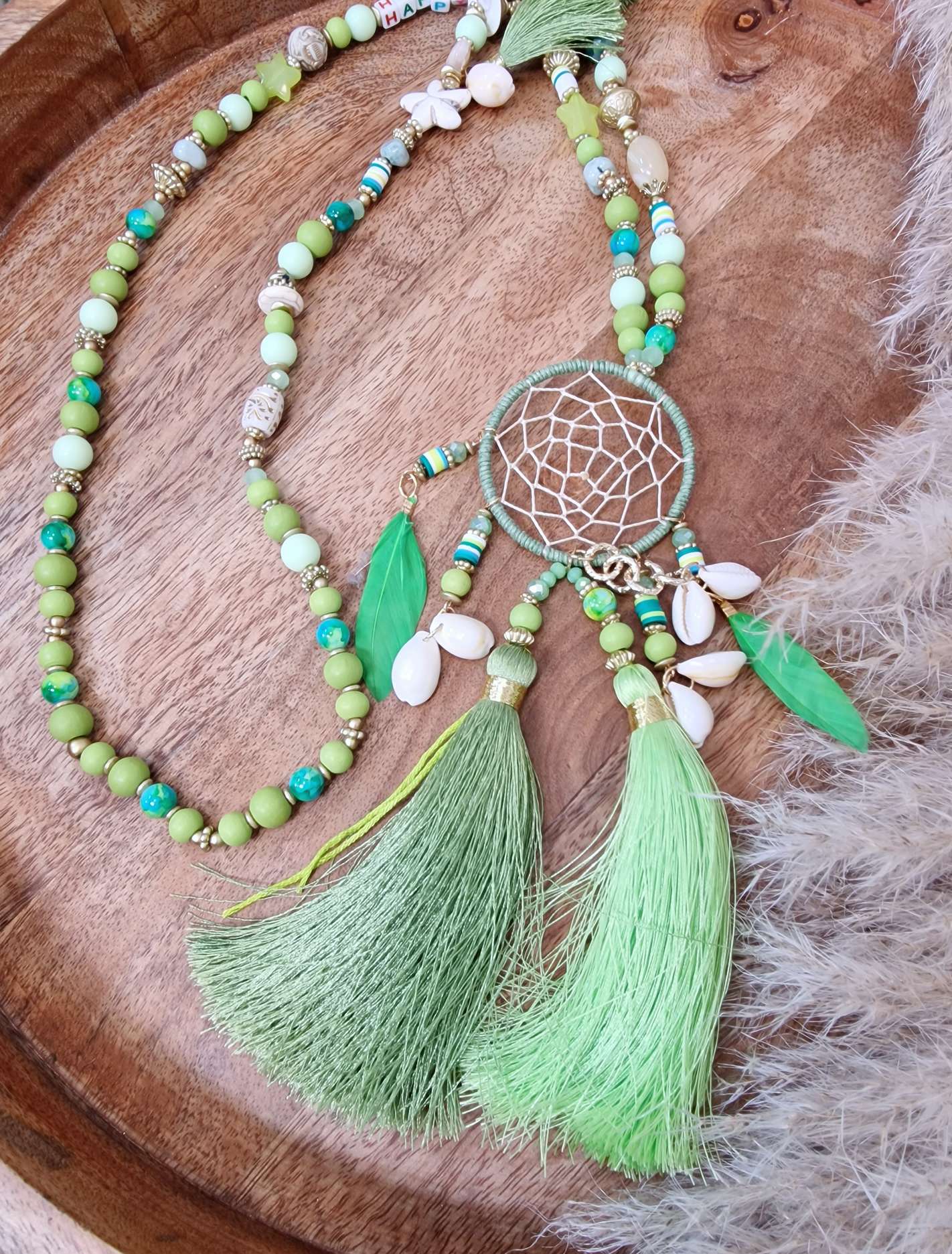LANGE PERLENKETTE TRAUMFÄNGER GRÜN Italy Design Goldfarbig Necklace Halskette BOHO Bohemian