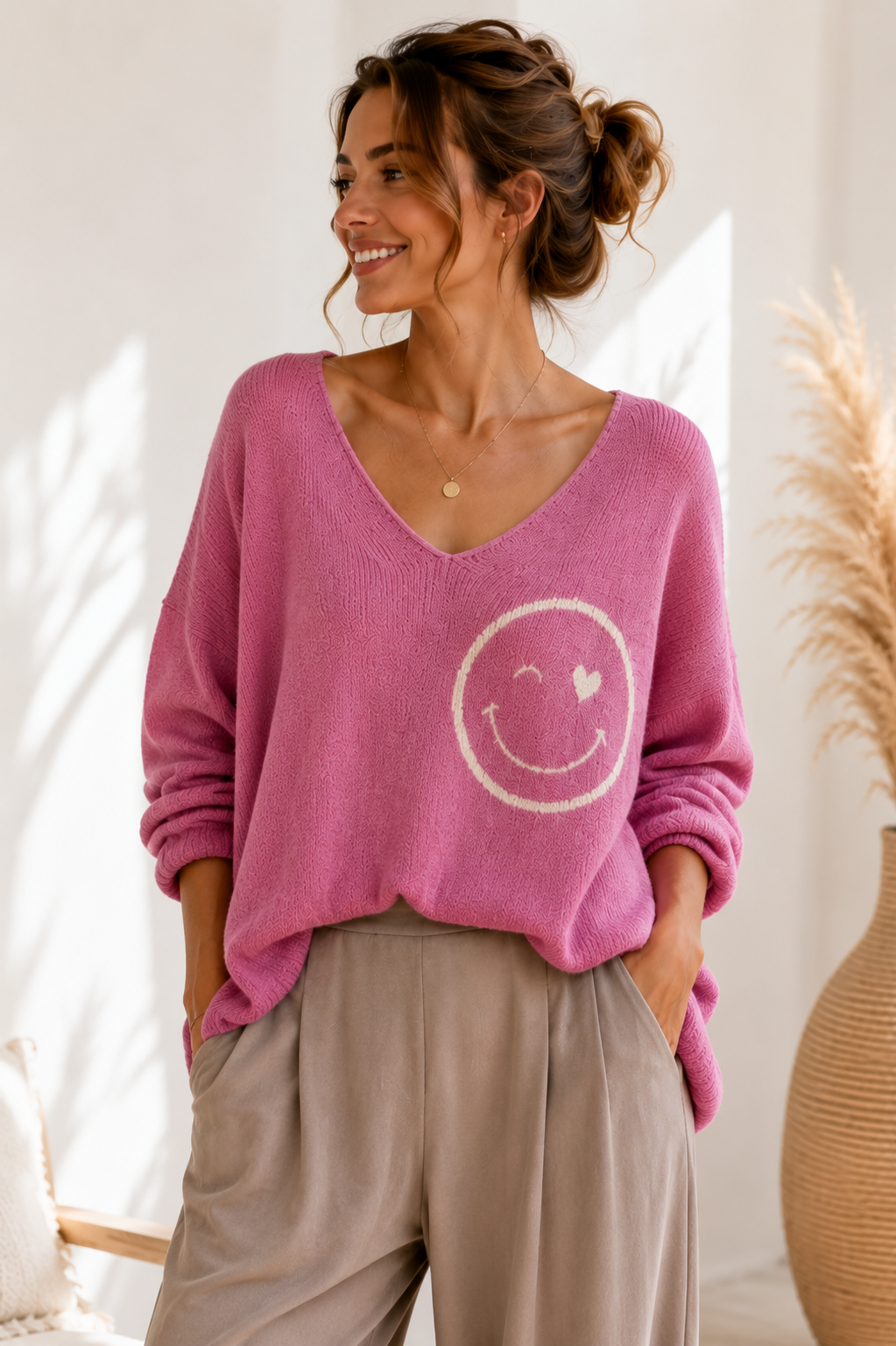 Strickpullover mit Smiley & Rückenprint Oversize I NO. SP0019 I Made in Italy 34-44/46