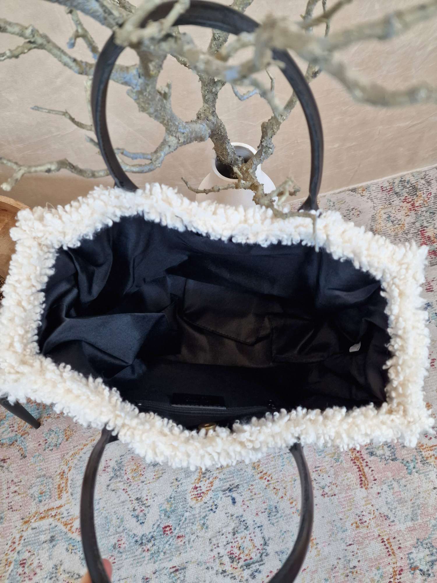 TEDDY FELL SHOPPER ELENI CREME flauschige Shopping Bag mit Leder-Henkel Tasche Made in Italy TEDDY FELL SHOPPER ELENI CREME flauschige Shopping Bag mit Leder-Henkel Tasche Made in Italy