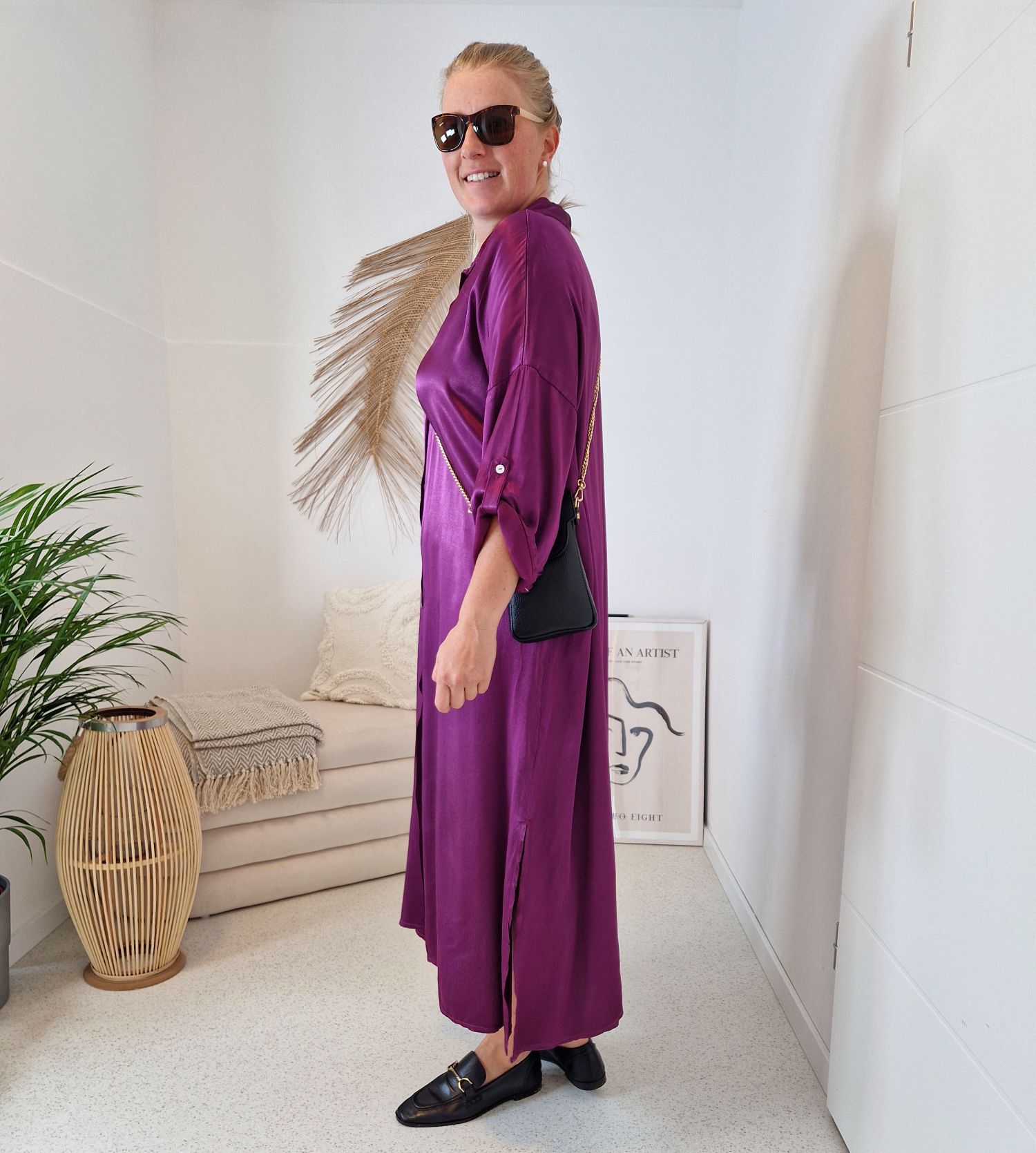 BLUSENKLEID NORA LILA 34-42/44 Made in Italy Oversize Maxi Kleid Mantel DRESS Satin Optik BLUSENKLEID NORA LILA 34-42/44 Made in Italy Oversize Maxi Kleid Mantel DRESS Satin Optik