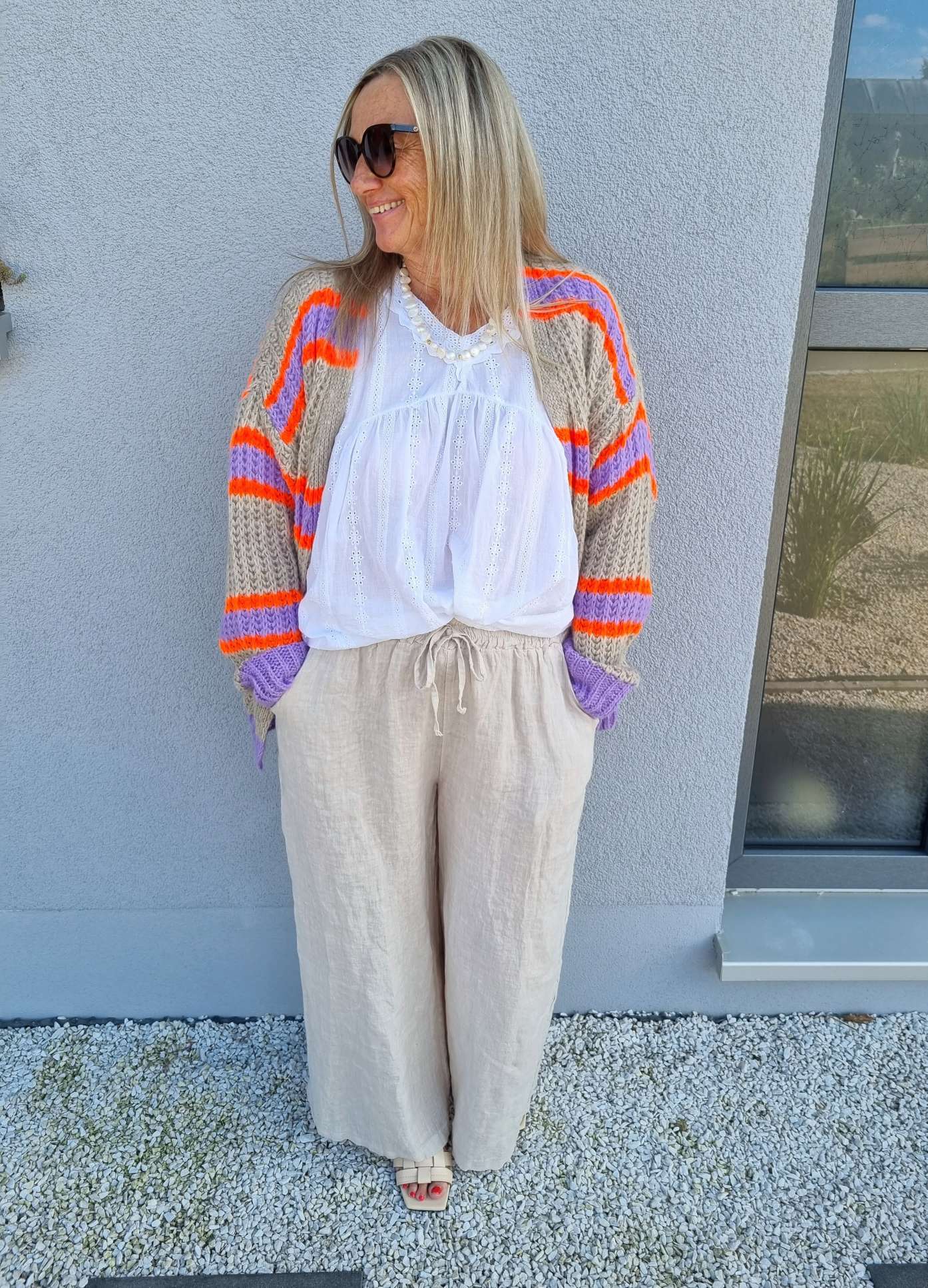 SHORT KNIT CARDIGAN MYKONOS STRIPES BEIGE FLIEDER ORANGE kurze Strick Jacke Made in Italy Streifen 34-42 SHORT KNIT CARDIGAN MYKONOS STRIPES BEIGE FLIEDER ORANGE kurze Strick Jacke Made in Italy Streifen 34-42