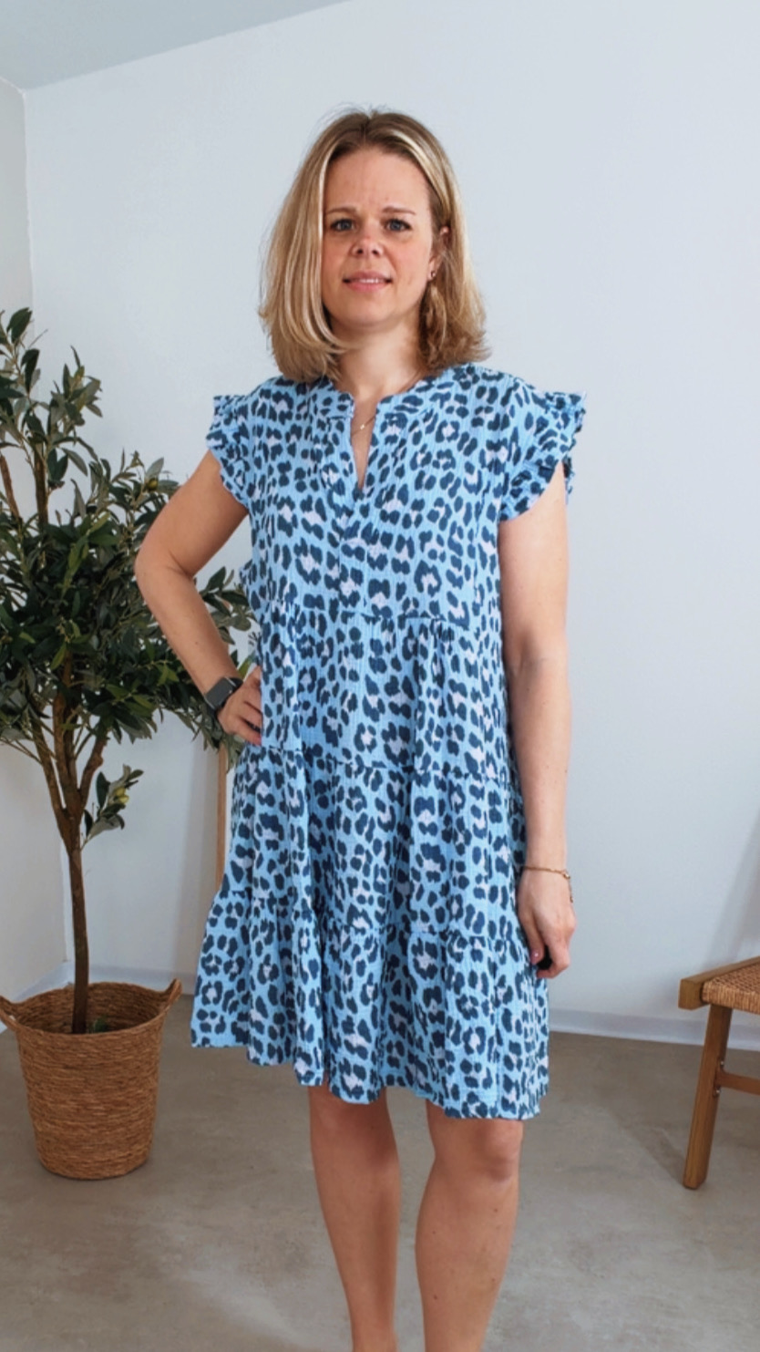 MUSSELIN KLEID TAMI HELLBLAU BEIGE kurz Rüschen 34 - 42