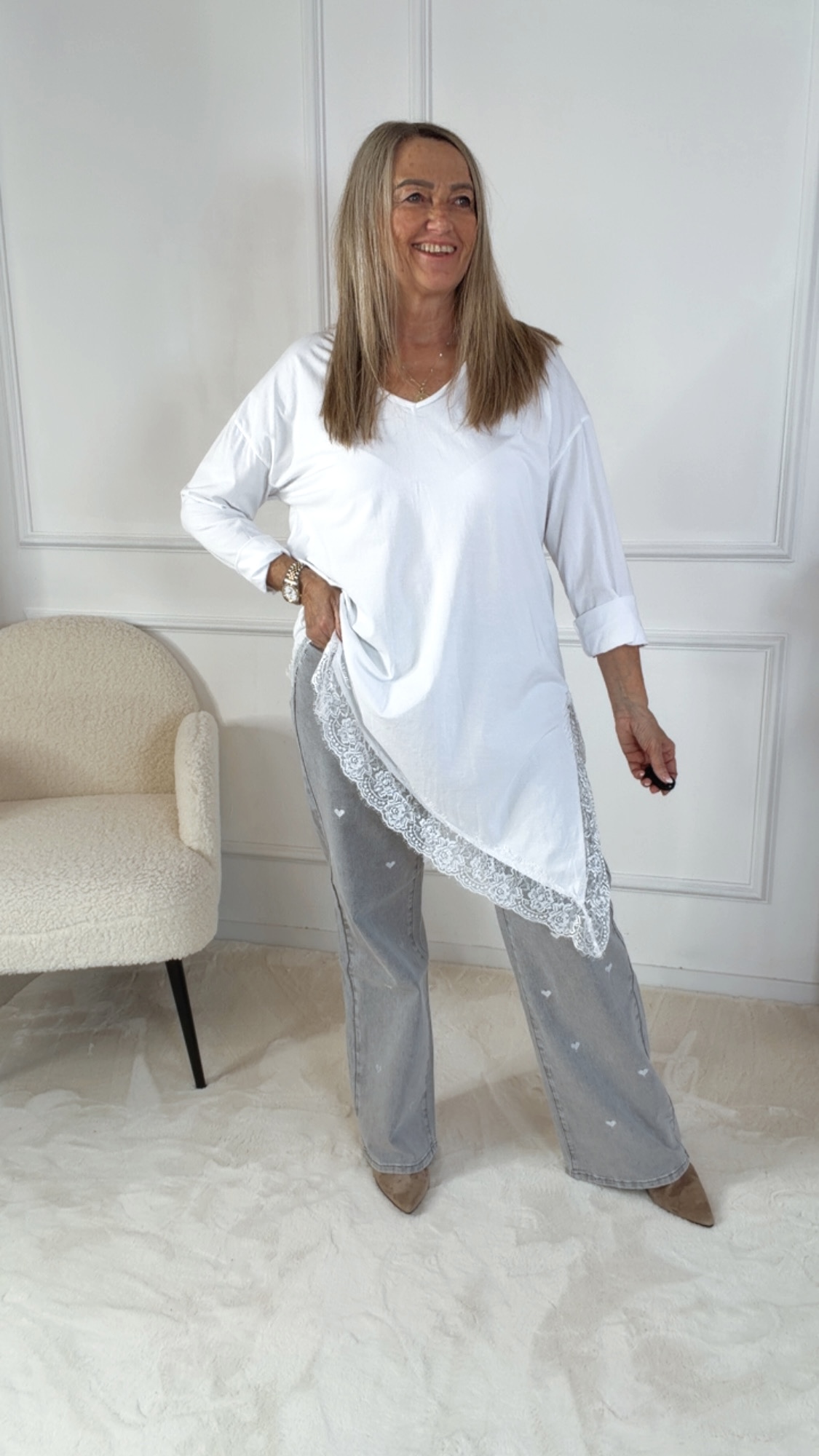 SPITZENSHIRT VITTORIA LANGARM ASYMMETRISCH Made in Italy 36 - 42