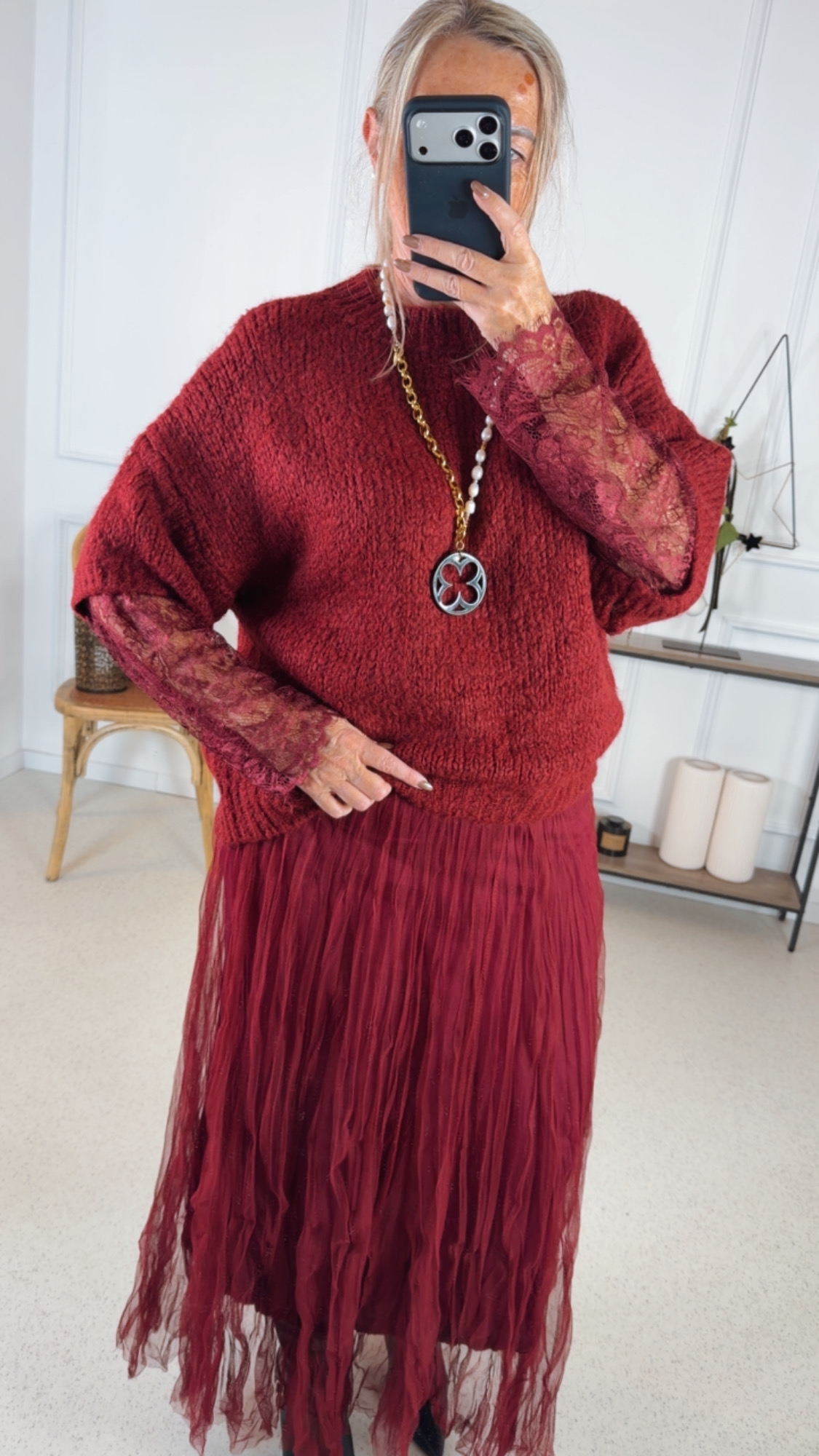 BASIC KNIT PULLOVER KIARA mit Spitze 34 - 44 Made in Italy Strickpullover