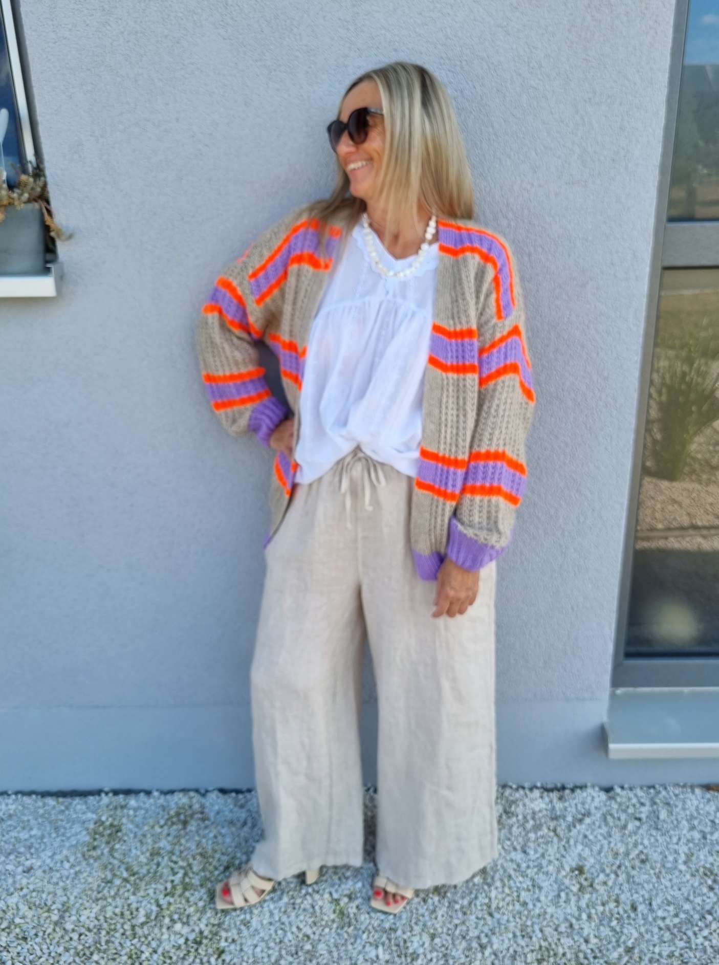 SHORT KNIT CARDIGAN MYKONOS STRIPES BEIGE FLIEDER ORANGE kurze Strick Jacke Made in Italy Streifen 34-42 SHORT KNIT CARDIGAN MYKONOS STRIPES BEIGE FLIEDER ORANGE kurze Strick Jacke Made in Italy Streifen 34-42