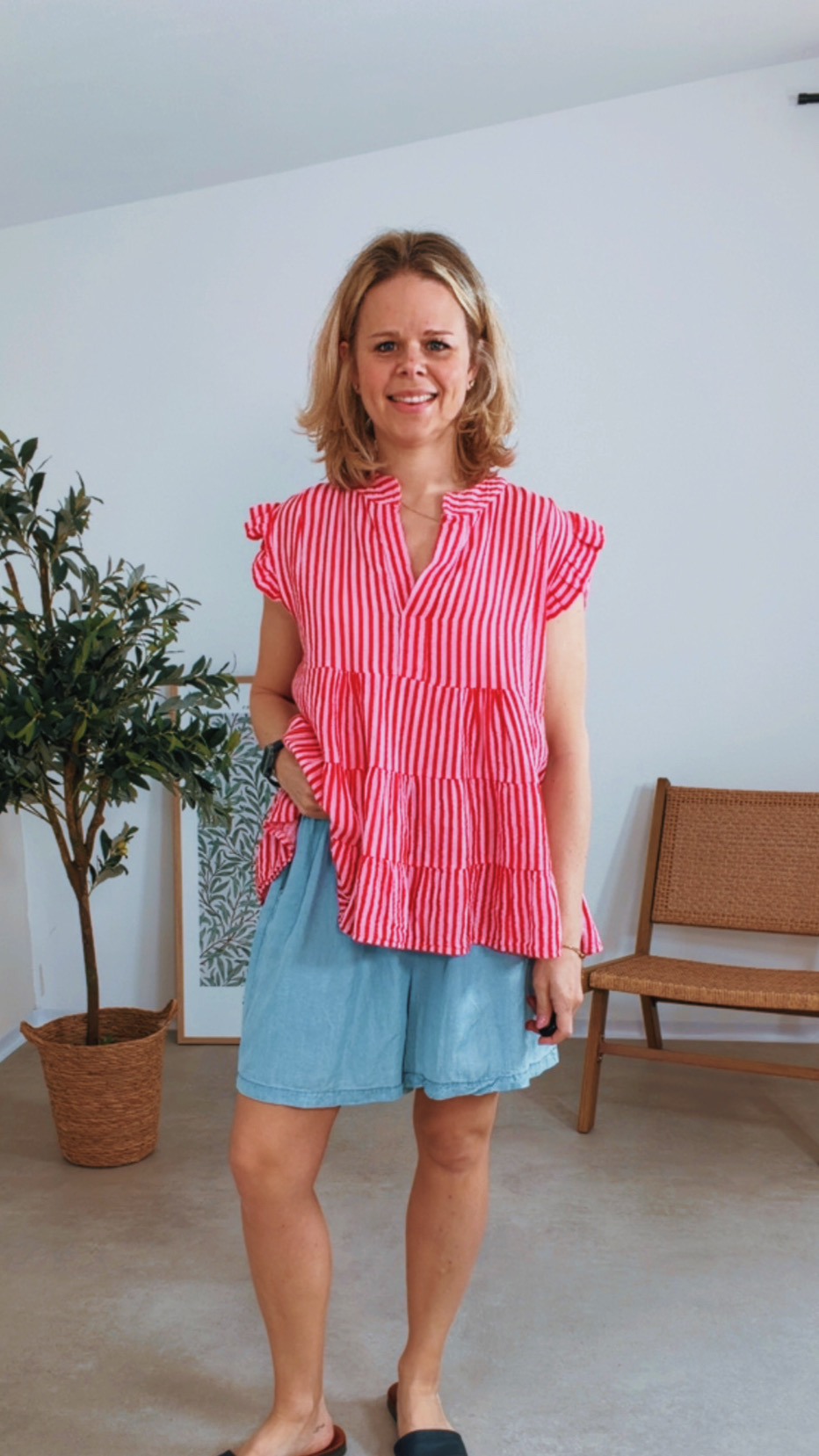 MUSSELIN BASIC SHIRT BETTINA ROSA ROT STRIPES Made in Italy 36 - 42