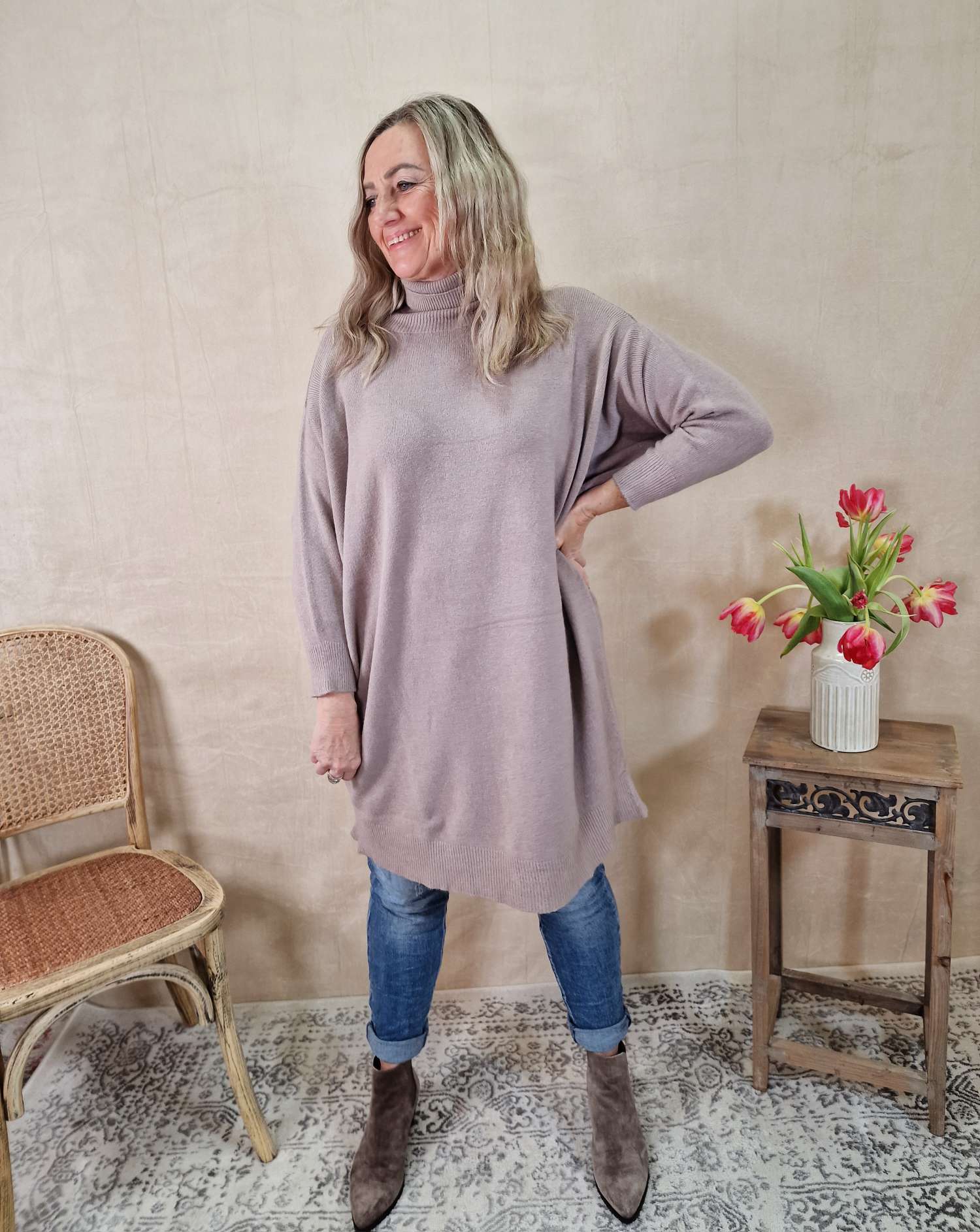 LIGHT KNIT DRESS EMILIA TAUPE 34-42 Made in Italy Strick Kleid Long Pullover LIGHT KNIT DRESS EMILIA TAUPE 34-42 Made in Italy Strick Kleid Long Pullover
