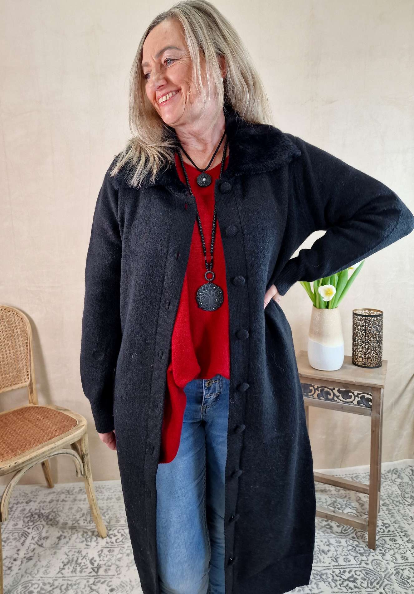 LUXURY KNIT COAT MIRINA SCHWARZ 34-42 Strickmantel Mantel Cardigen Italy Kollektion LUXURY KNIT COAT MIRINA SCHWARZ 34-42 Strickmantel Mantel Cardigen Italy Kollektion